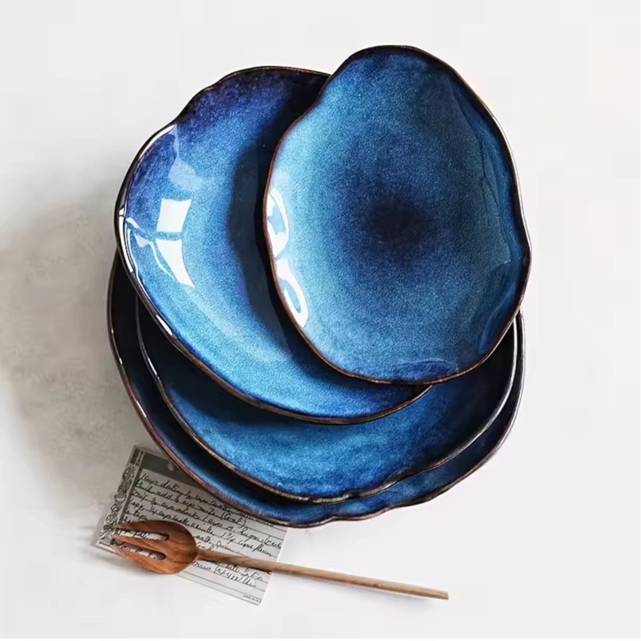 Artisan Blue: Handcrafted Reactive Glaze Ceramic Plate Set (4 Sizes)