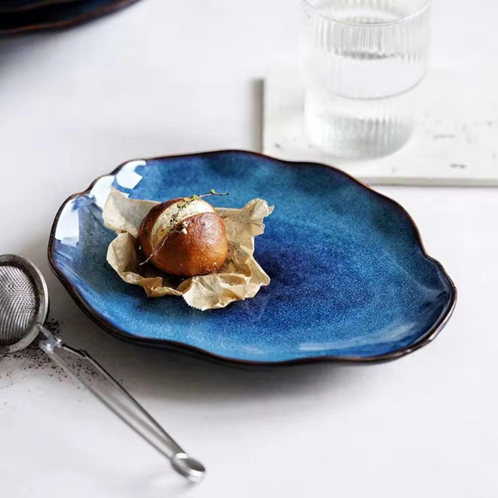 Artisan Blue: Handcrafted Reactive Glaze Ceramic Plate Set (4 Sizes)