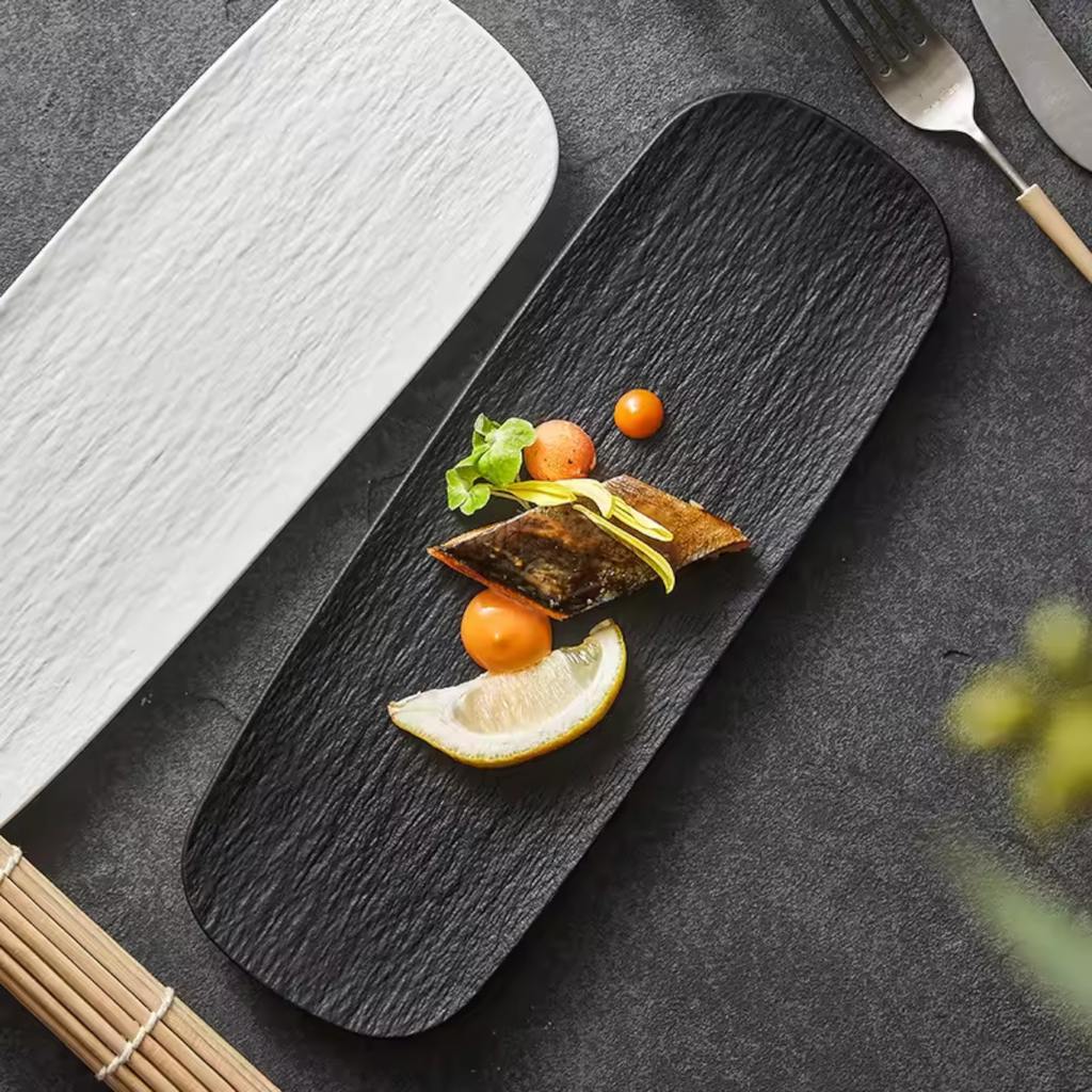 Artisan Slate: Premium 29cm Matte Black Rectangular Platter | Textured Ceramic Serving Tray