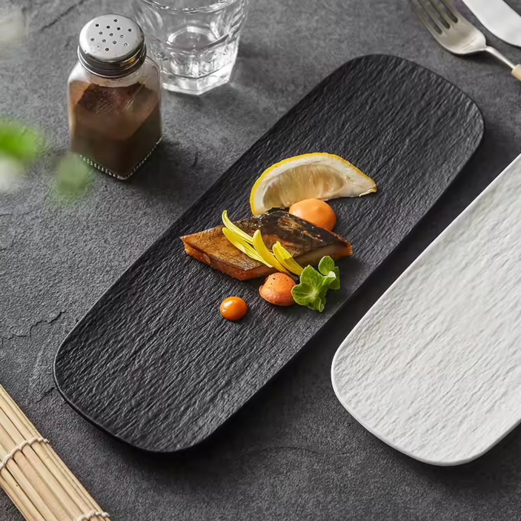 Artisan Slate: Premium 29cm Matte Black Rectangular Platter | Textured Ceramic Serving Tray