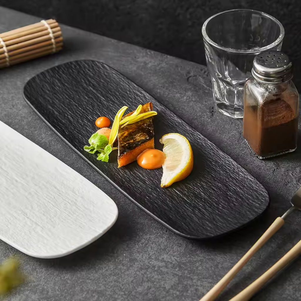 Artisan Slate: Premium 29cm Matte Black Rectangular Platter | Textured Ceramic Serving Tray