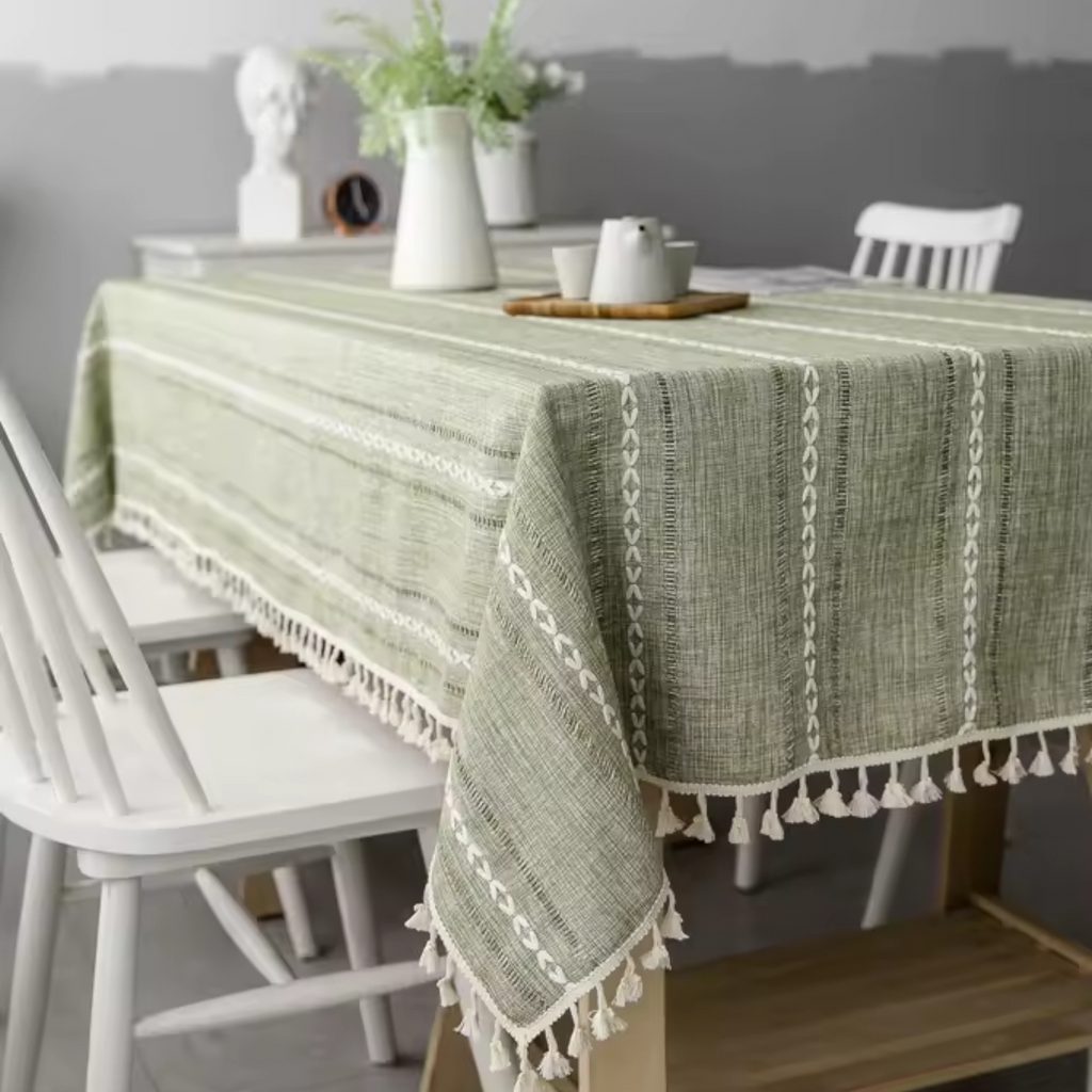 Artisan Nordic: Premium Embroidered Linen-Style Tablecloth | Elegant Striped Tassel Dining Collection