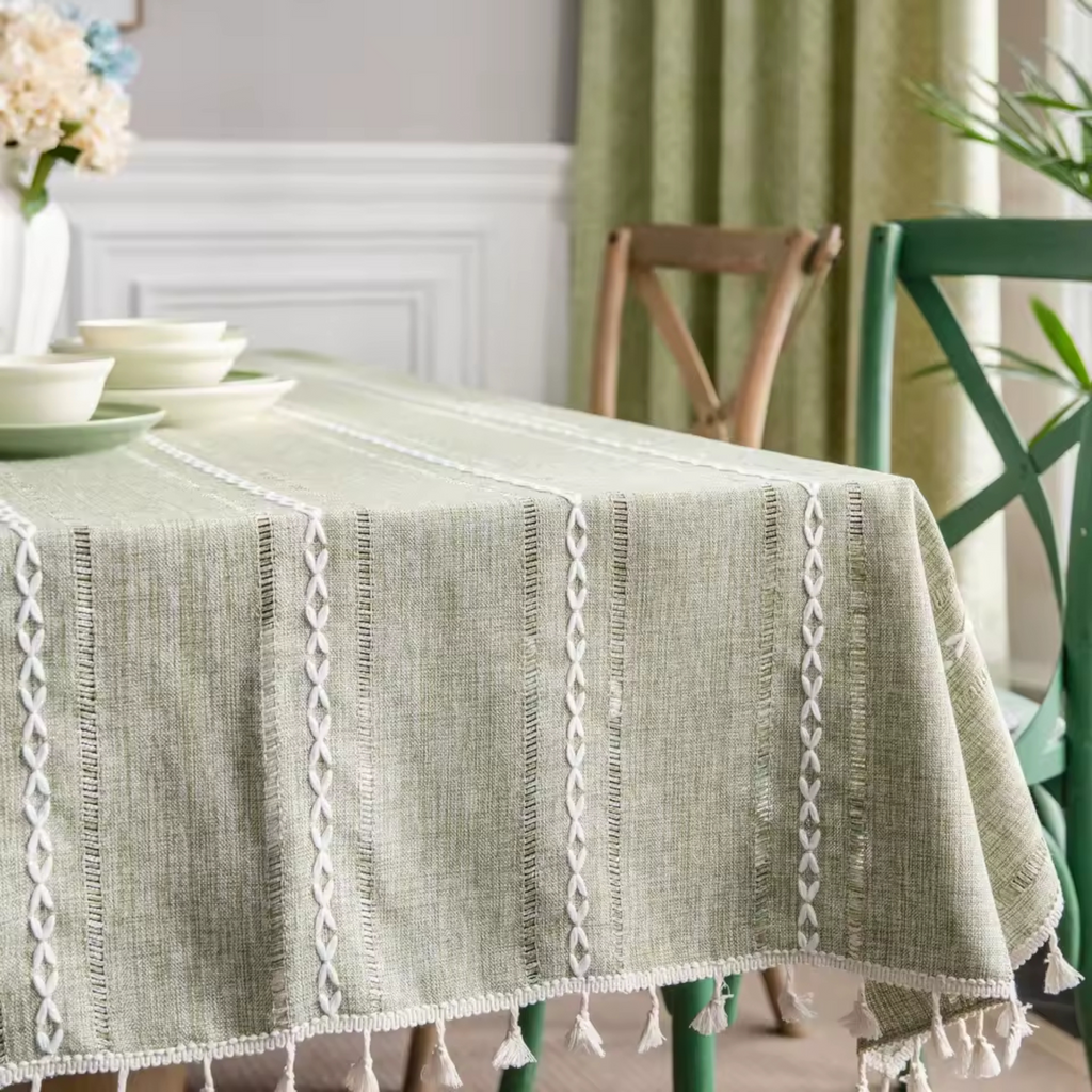 Artisan Nordic: Premium Embroidered Linen-Style Tablecloth | Elegant Striped Tassel Dining Collection