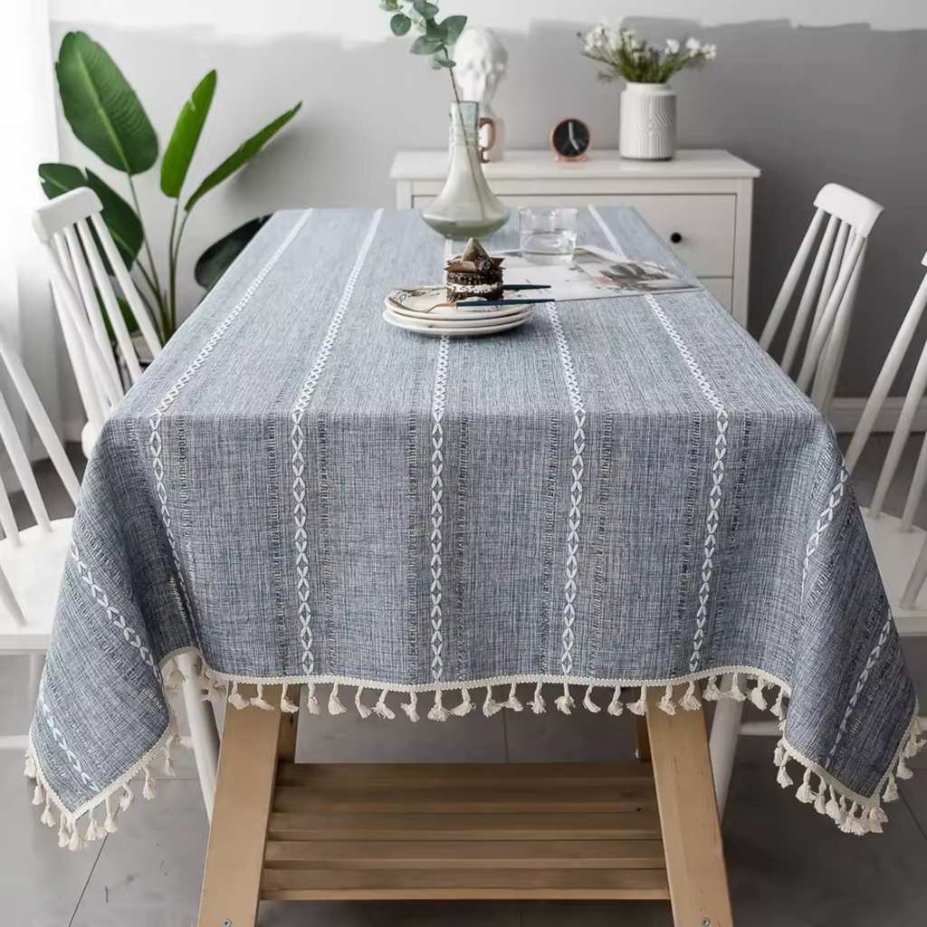 Artisan Nordic: Premium Embroidered Linen-Style Tablecloth | Elegant Striped Tassel Dining Collection