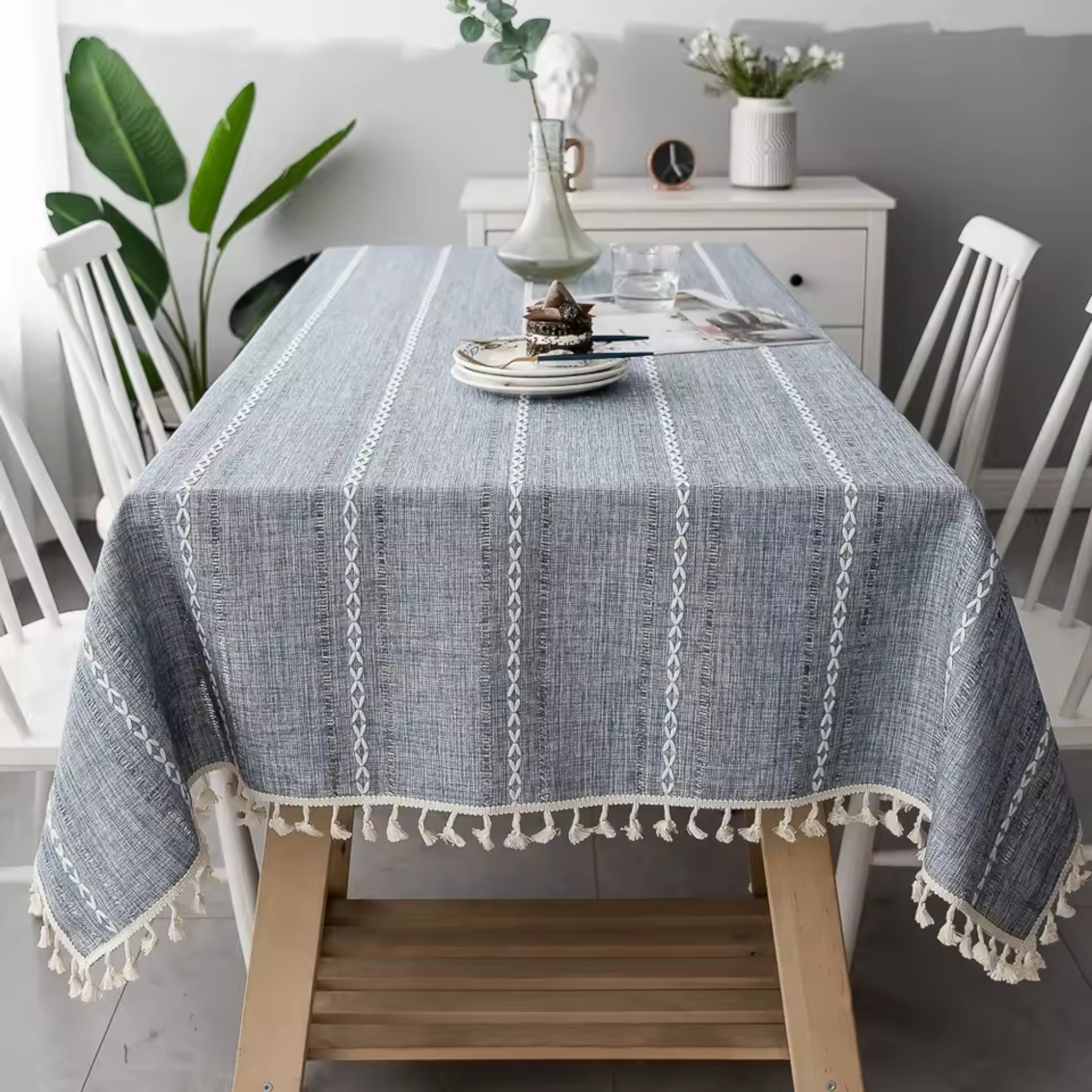 Artisan Nordic: Premium Embroidered Linen-Style Tablecloth | Elegant Striped Tassel Dining Collection