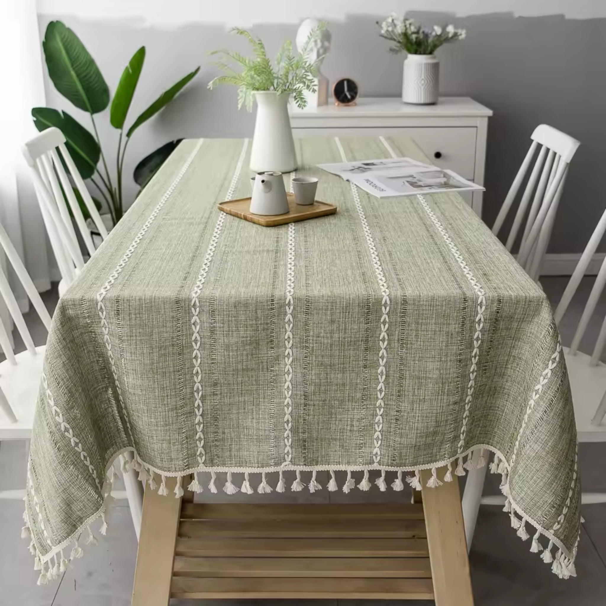 Artisan Nordic: Premium Embroidered Linen-Style Tablecloth | Elegant Striped Tassel Dining Collection
