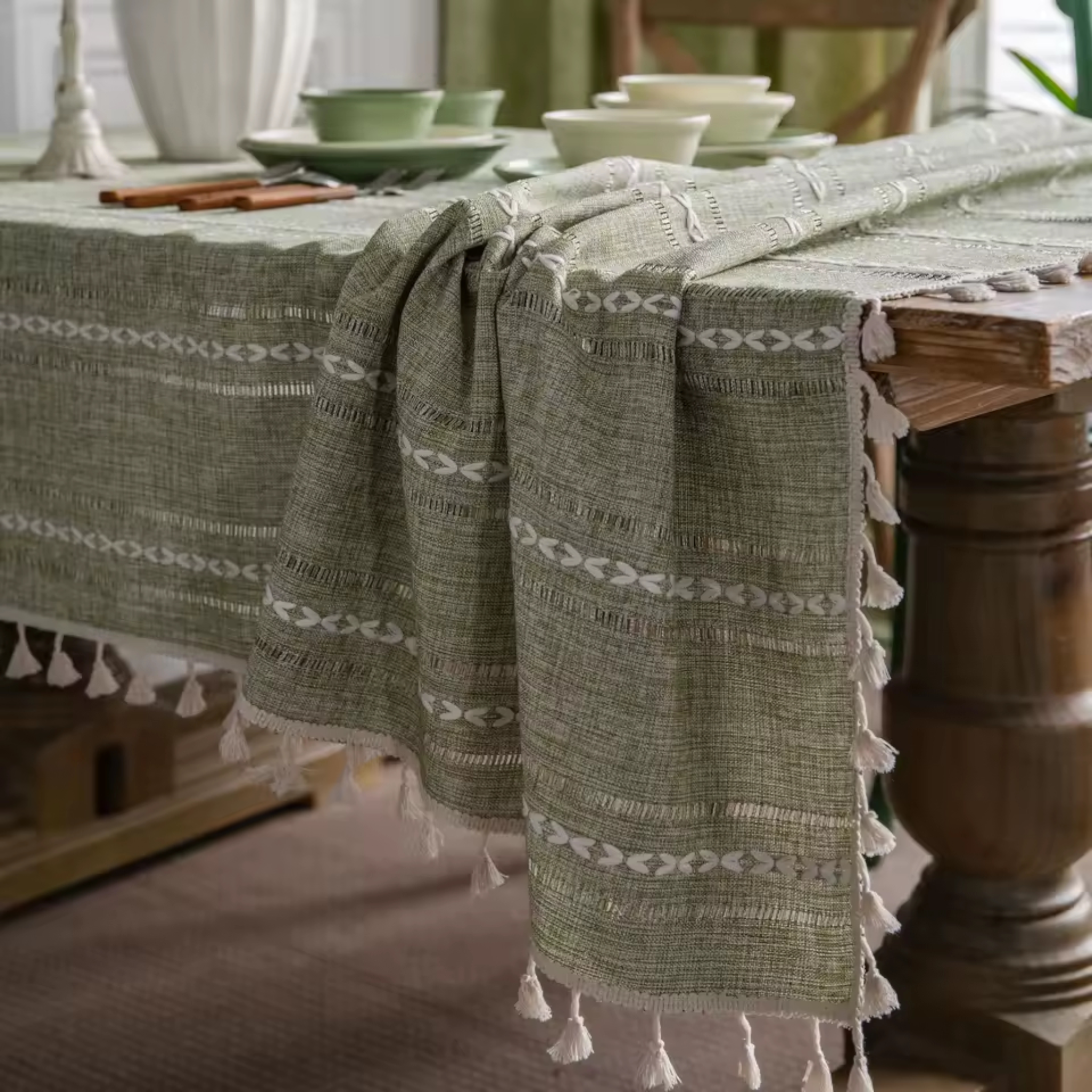 Artisan Nordic: Premium Embroidered Linen-Style Tablecloth | Elegant Striped Tassel Dining Collection