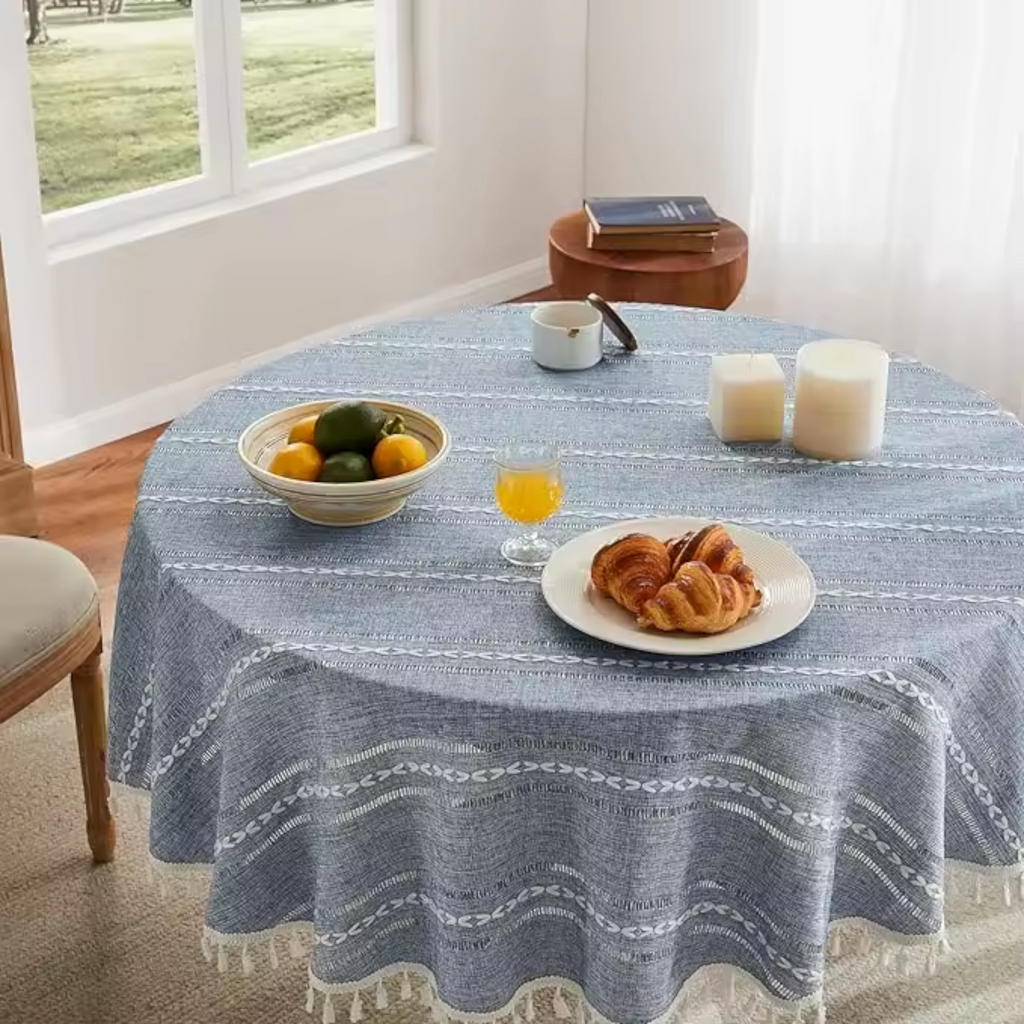 Artisan Nordic: Premium Round Embroidered Tablecloth | Elegant Striped Tassel Dining Collection