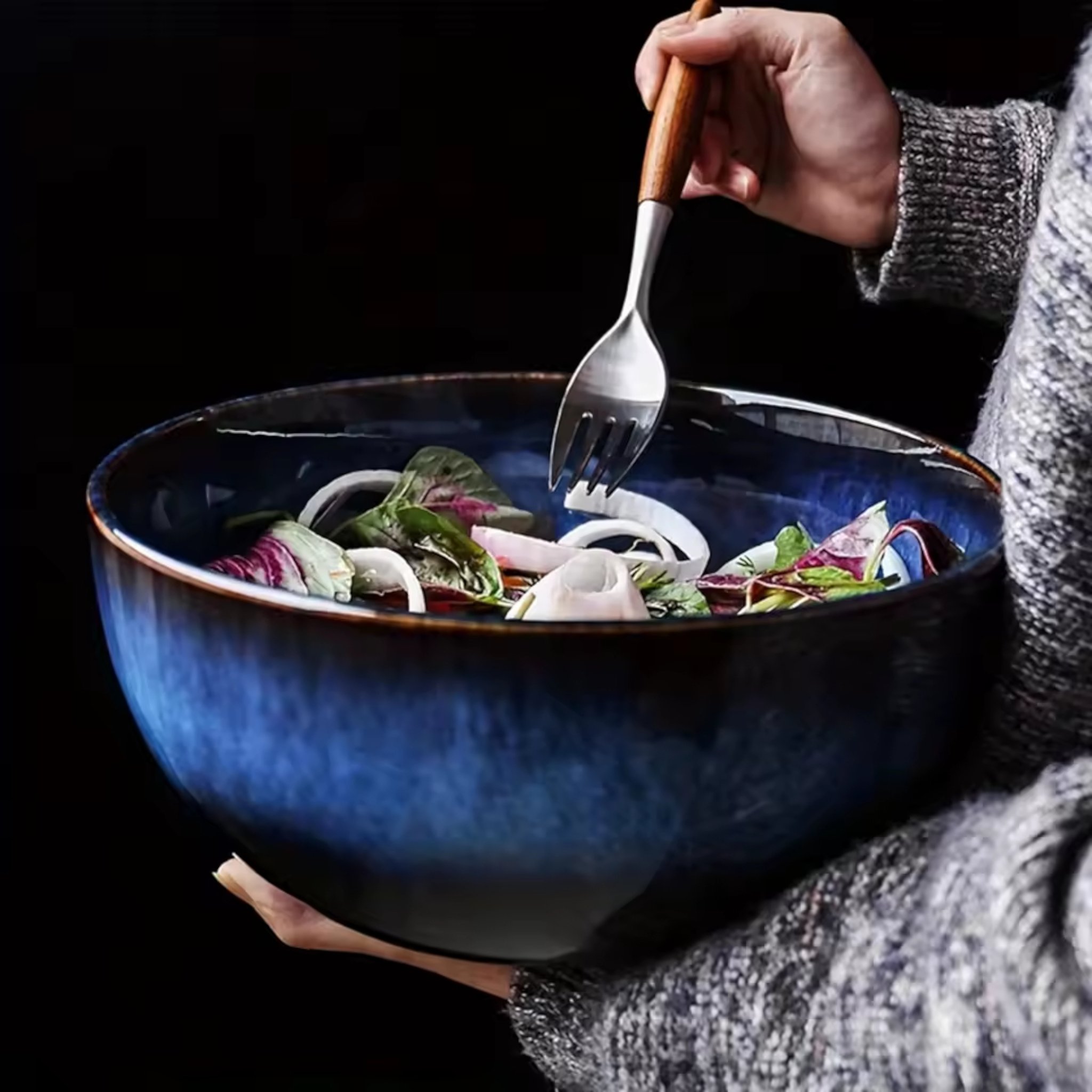 Nebula Deep Blue: Premium 23cm Large Ceramic Salad Bowl | 2990ml Artisan Stoneware