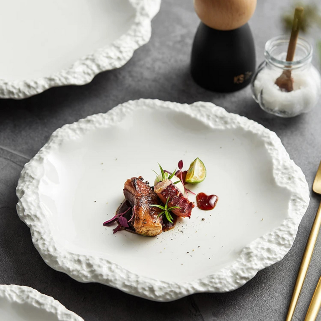 Antarctic Glazier: Premium Matte White Textured Ceramic Plate Set | Organic Ice-Edge Stoneware