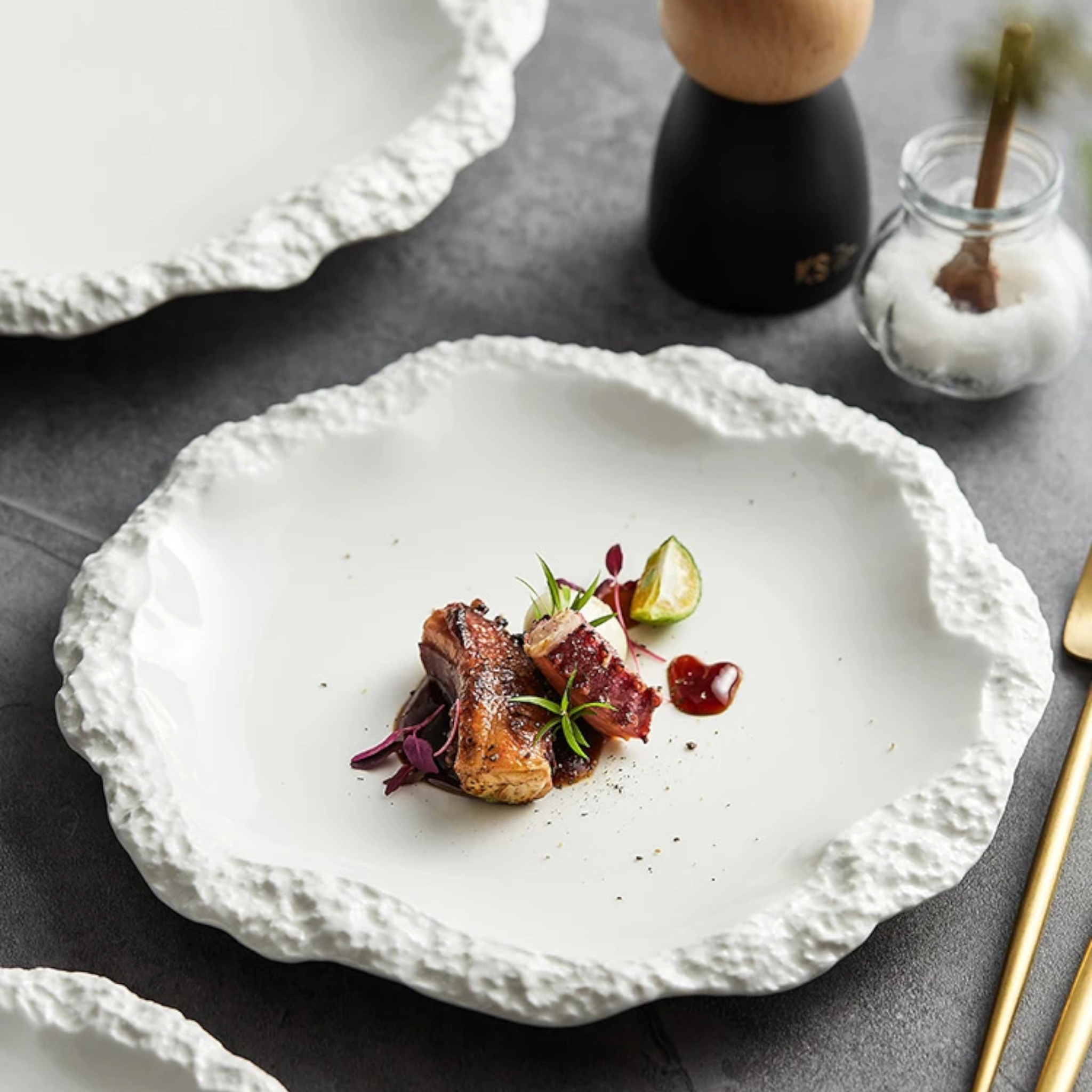 Antarctic Glazier: Premium Matte White Textured Ceramic Plate Set | Organic Ice-Edge Stoneware