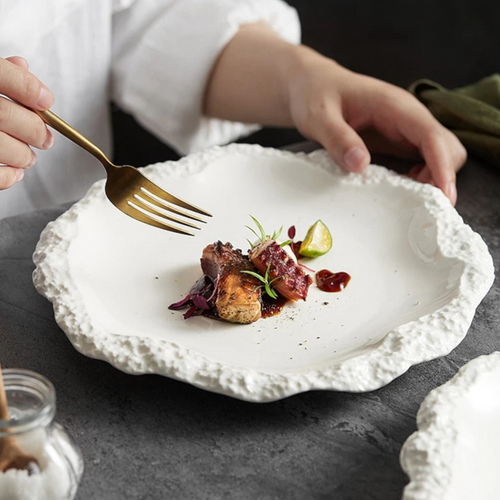 Antarctic Glazier: Premium Matte White Textured Ceramic Plate Set | Organic Ice-Edge Stoneware