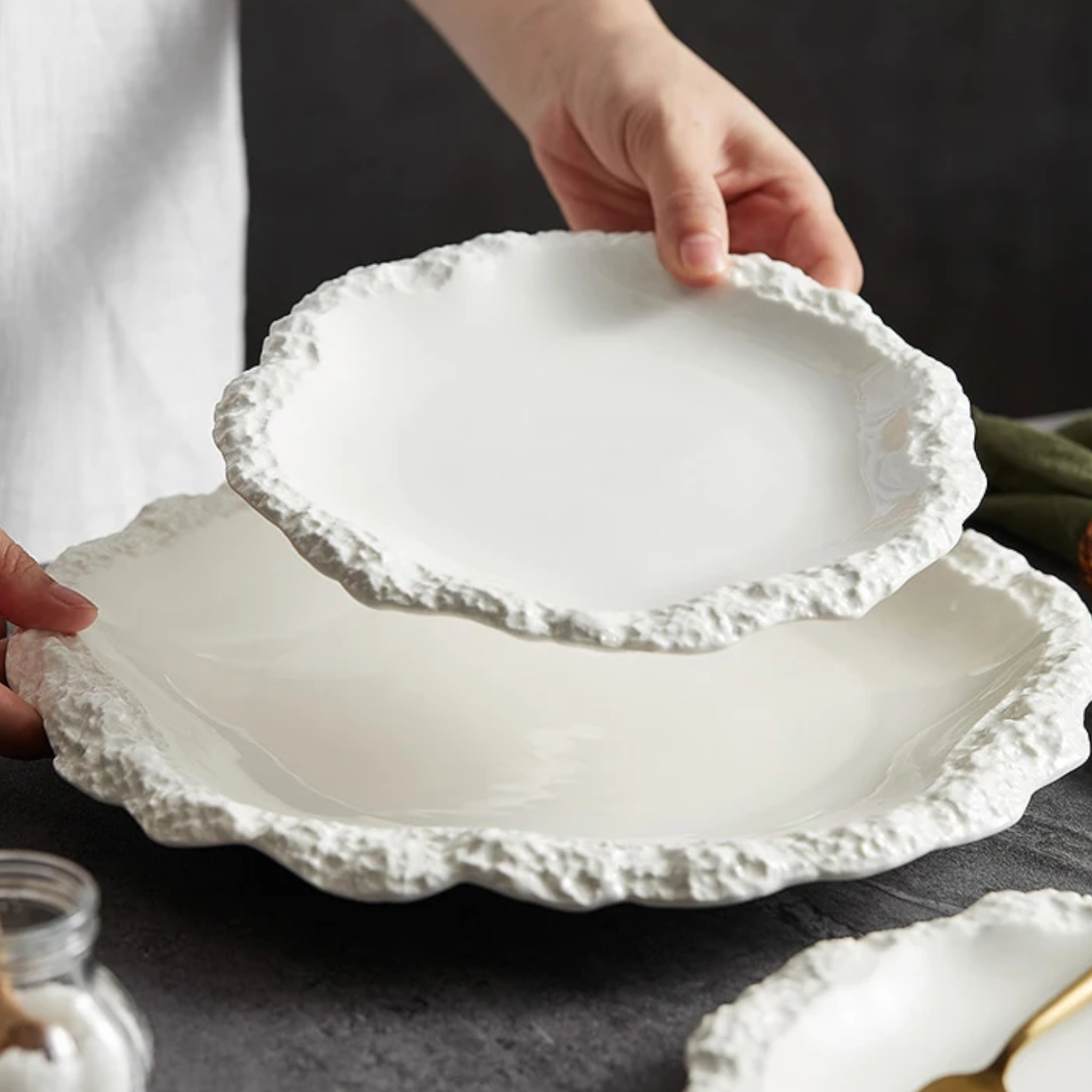 Antarctic Glazier: Premium Matte White Textured Ceramic Plate Set | Organic Ice-Edge Stoneware