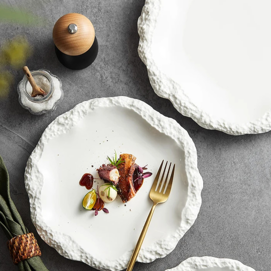 Antarctic Glazier: Premium Matte White Textured Ceramic Plate Set | Organic Ice-Edge Stoneware