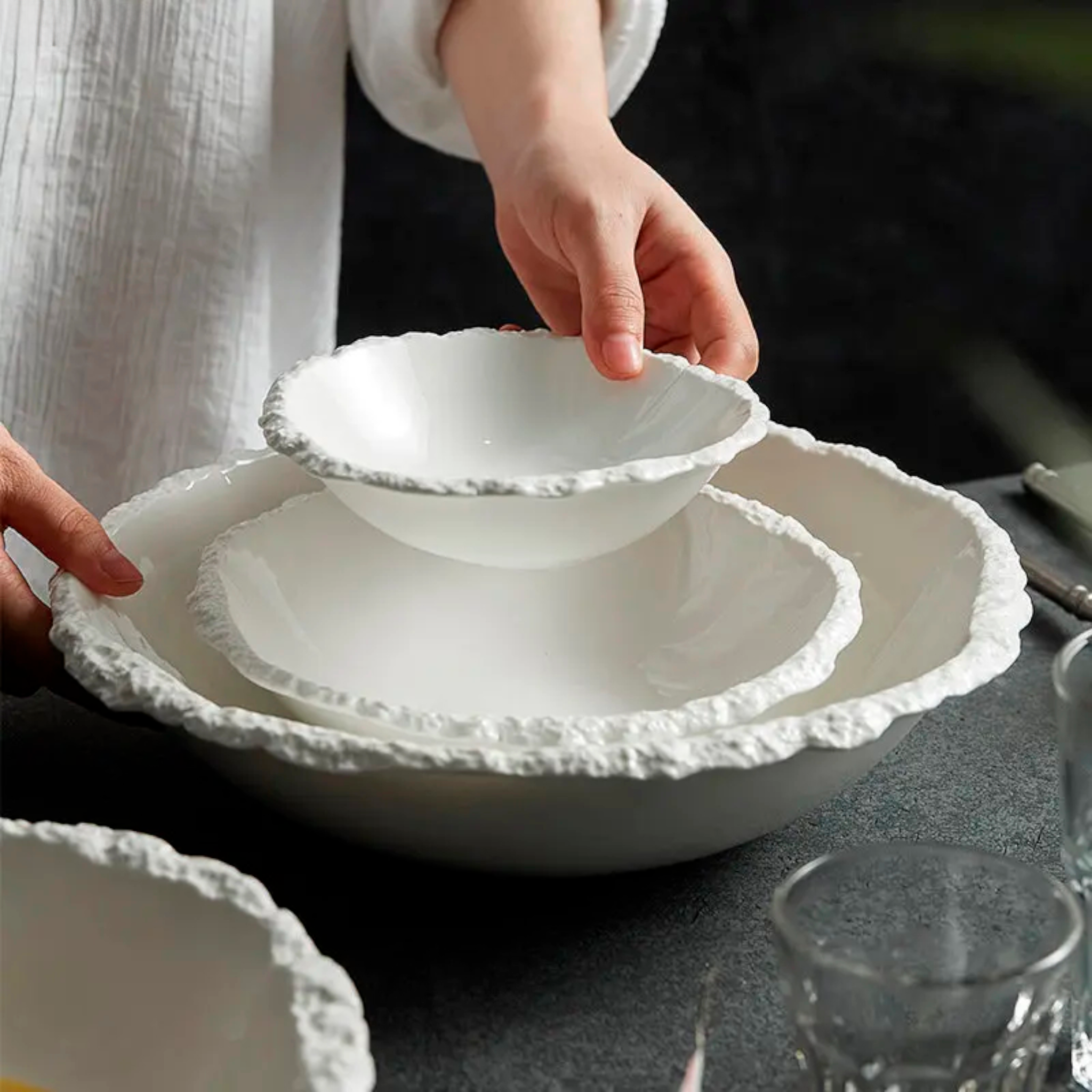 Antarctic Basin: Premium Matte White Textured Ceramic Bowl Set | Hand-Sculpted Ice Stoneware