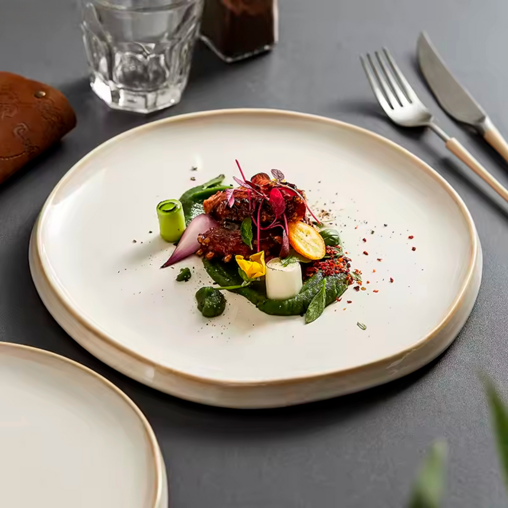 Artisan Frost: Premium Cream-Glazed Minimalist Plate Set | Organic Tapered Edge Stoneware