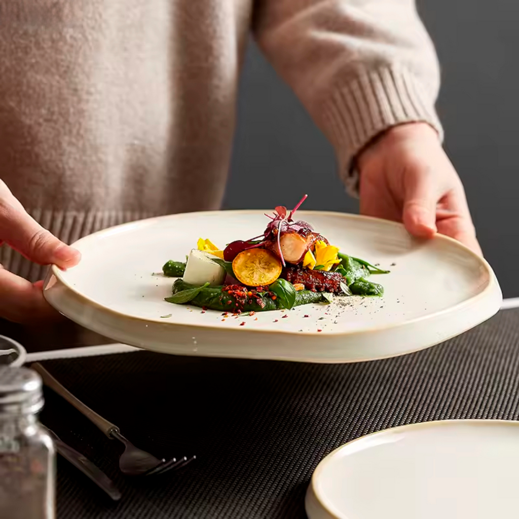 Artisan Frost: Premium Cream-Glazed Minimalist Plate Set | Organic Tapered Edge Stoneware