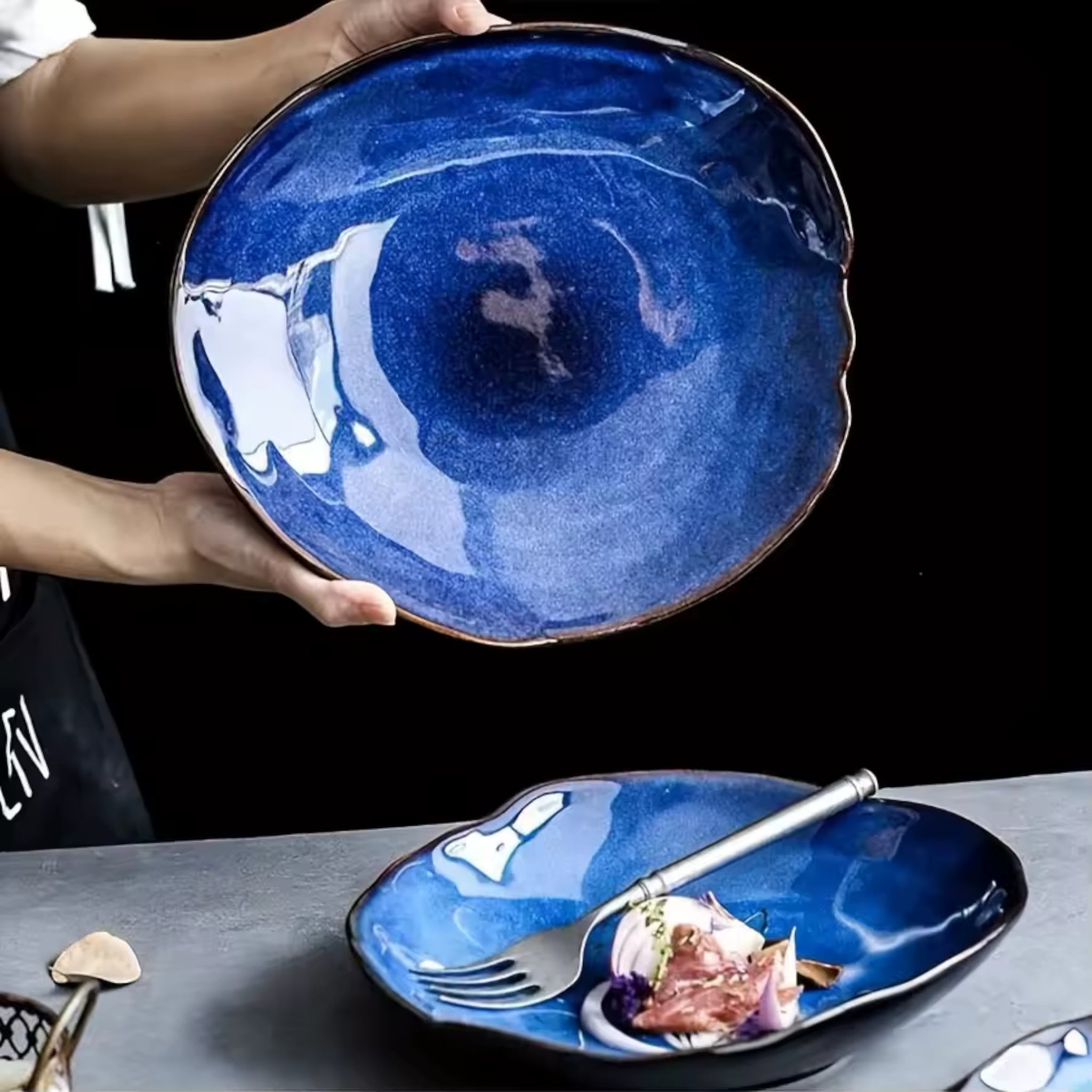 Artisan Blue: Handcrafted Reactive Glaze Ceramic Plate Set (4 Sizes)