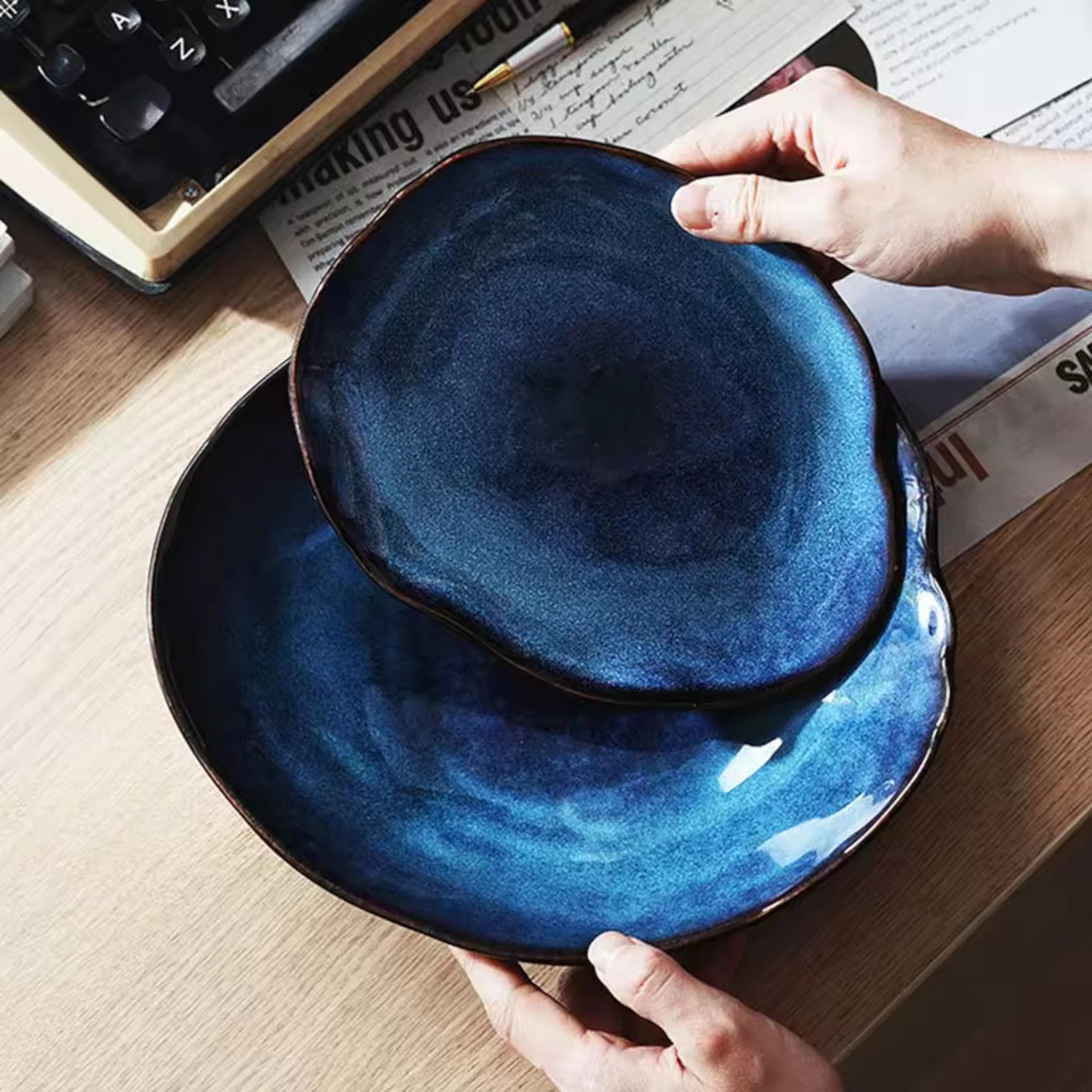 Artisan Blue: Handcrafted Reactive Glaze Ceramic Plate Set (4 Sizes)