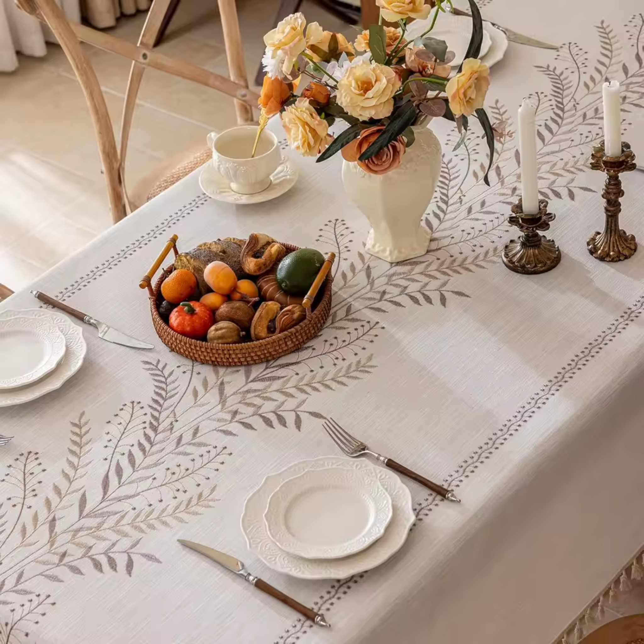 Artisan Botanical: Premium Embroidered Linen-Style Tablecloth | Elegant Tassel Edge