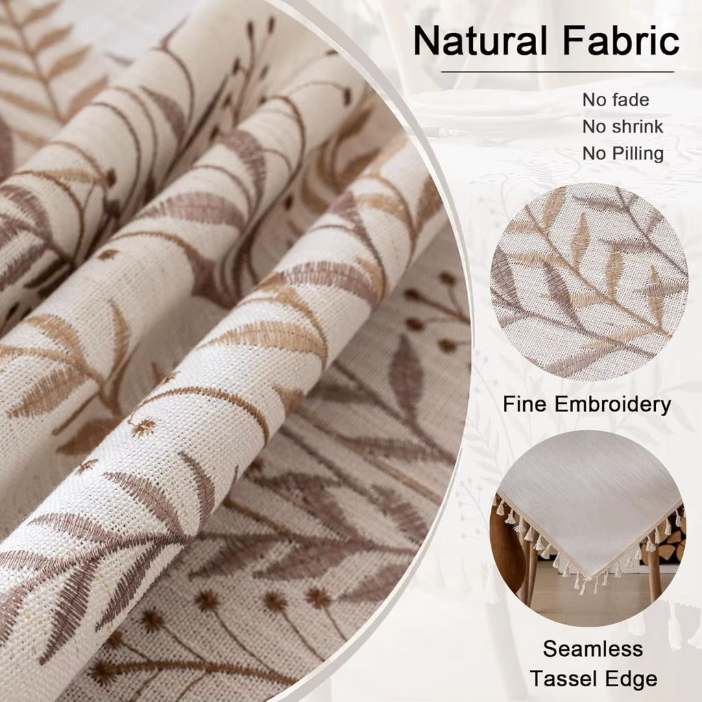 Artisan Botanical: Premium Embroidered Linen-Style Tablecloth | Elegant Tassel Edge