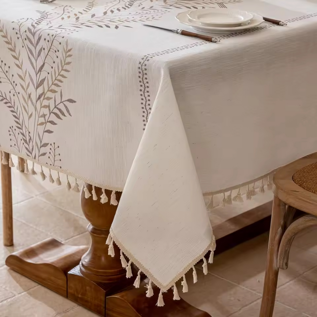 Artisan Botanical: Premium Embroidered Linen-Style Tablecloth | Elegant Tassel Edge