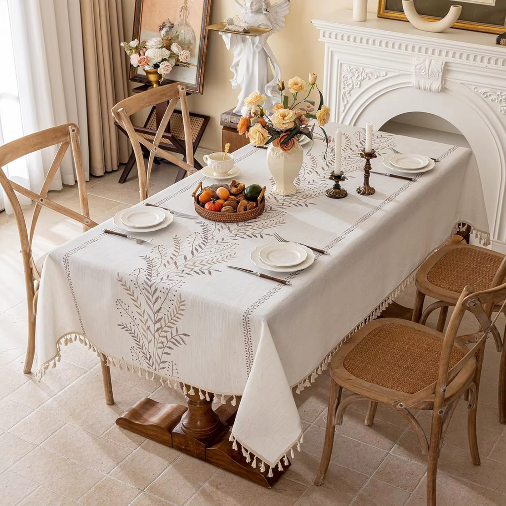 Artisan Botanical: Premium Embroidered Linen-Style Tablecloth | Elegant Tassel Edge