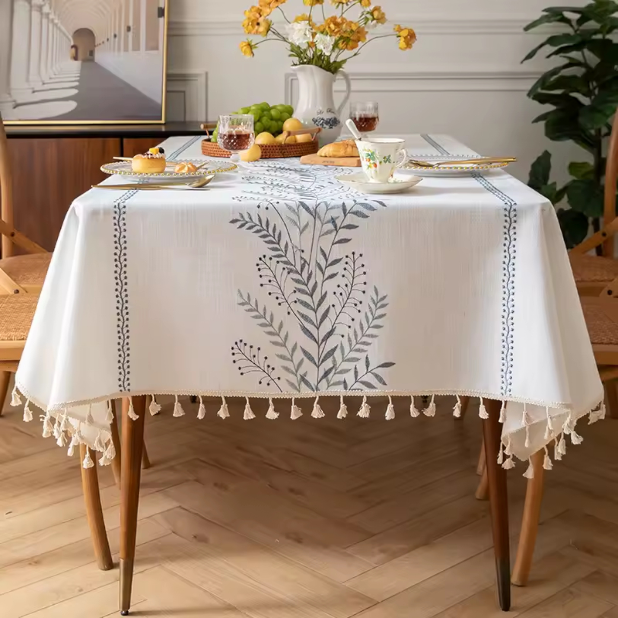Artisan Botanical: Premium Embroidered Linen-Style Tablecloth | Elegant Tassel Edge