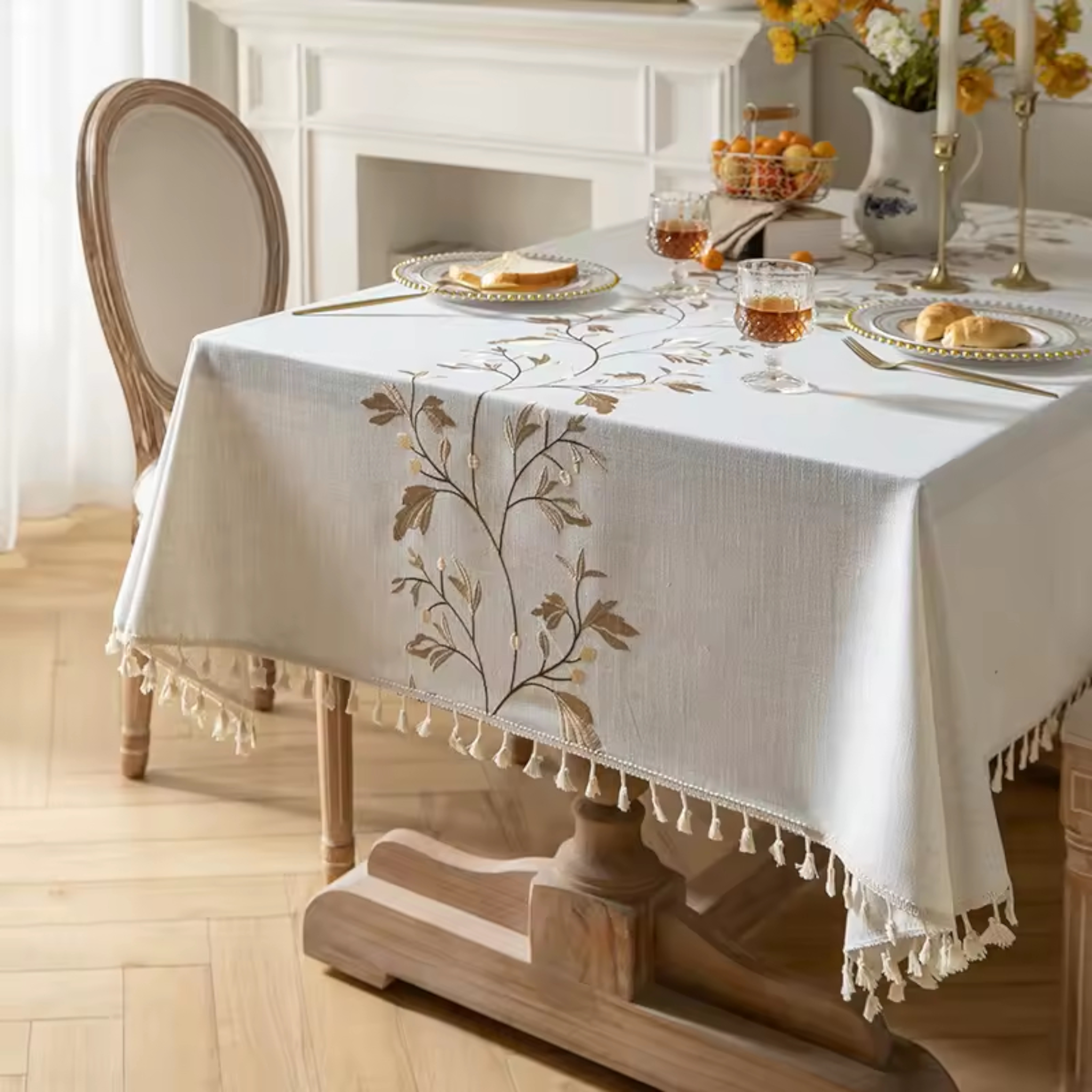 Artisan Botanical: Premium Embroidered Linen-Style Tablecloth | Elegant Tassel Edge
