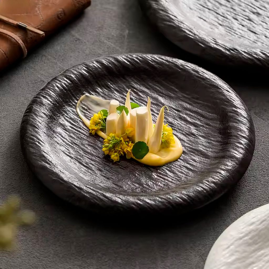 Obsidian Ripple: Premium Textured Ceramic Plate Set | Artisan Volcanic Black Stoneware
