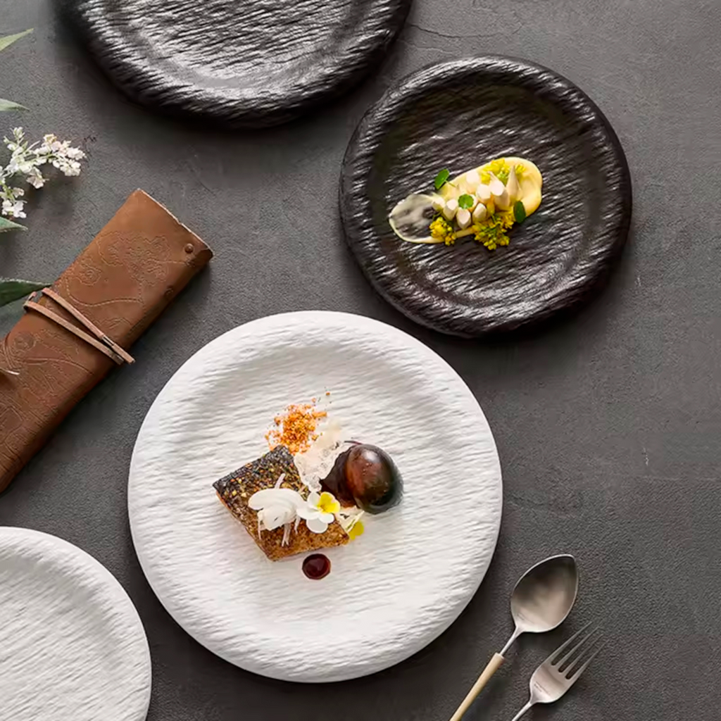 Obsidian Ripple: Premium Textured Ceramic Plate Set | Artisan Volcanic Black Stoneware