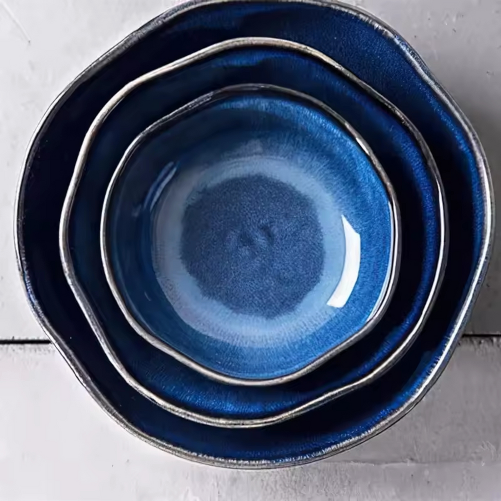 Nebula Deep Blue: Premium Organic Ceramic Bowl Set | Hand-Sculpted Reactive Glaze Stoneware