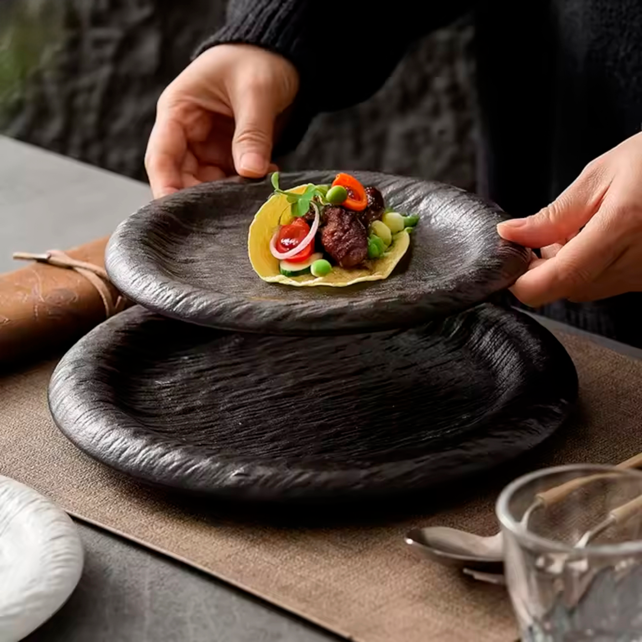 Obsidian Ripple: Premium Textured Ceramic Plate Set | Artisan Volcanic Black Stoneware