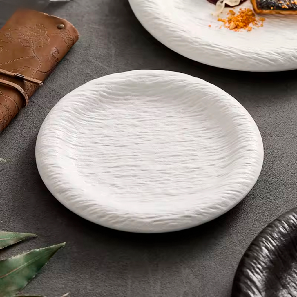 Artisan Frost Ripple: Premium Textured Ceramic Plate Set | Artisan Volcanic White Stoneware
