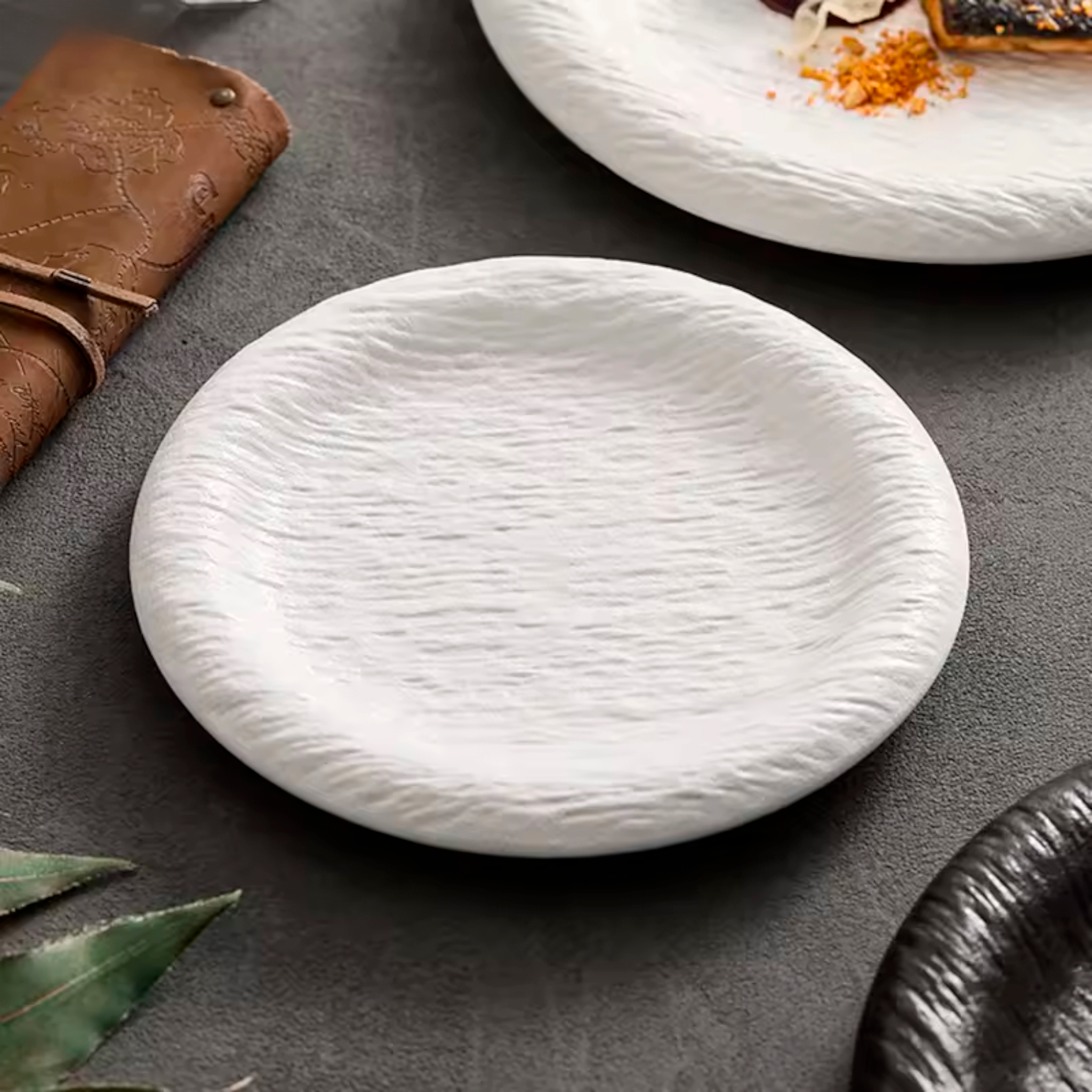 Artisan Frost Ripple: Premium Textured Ceramic Plate Set | Artisan Volcanic White Stoneware