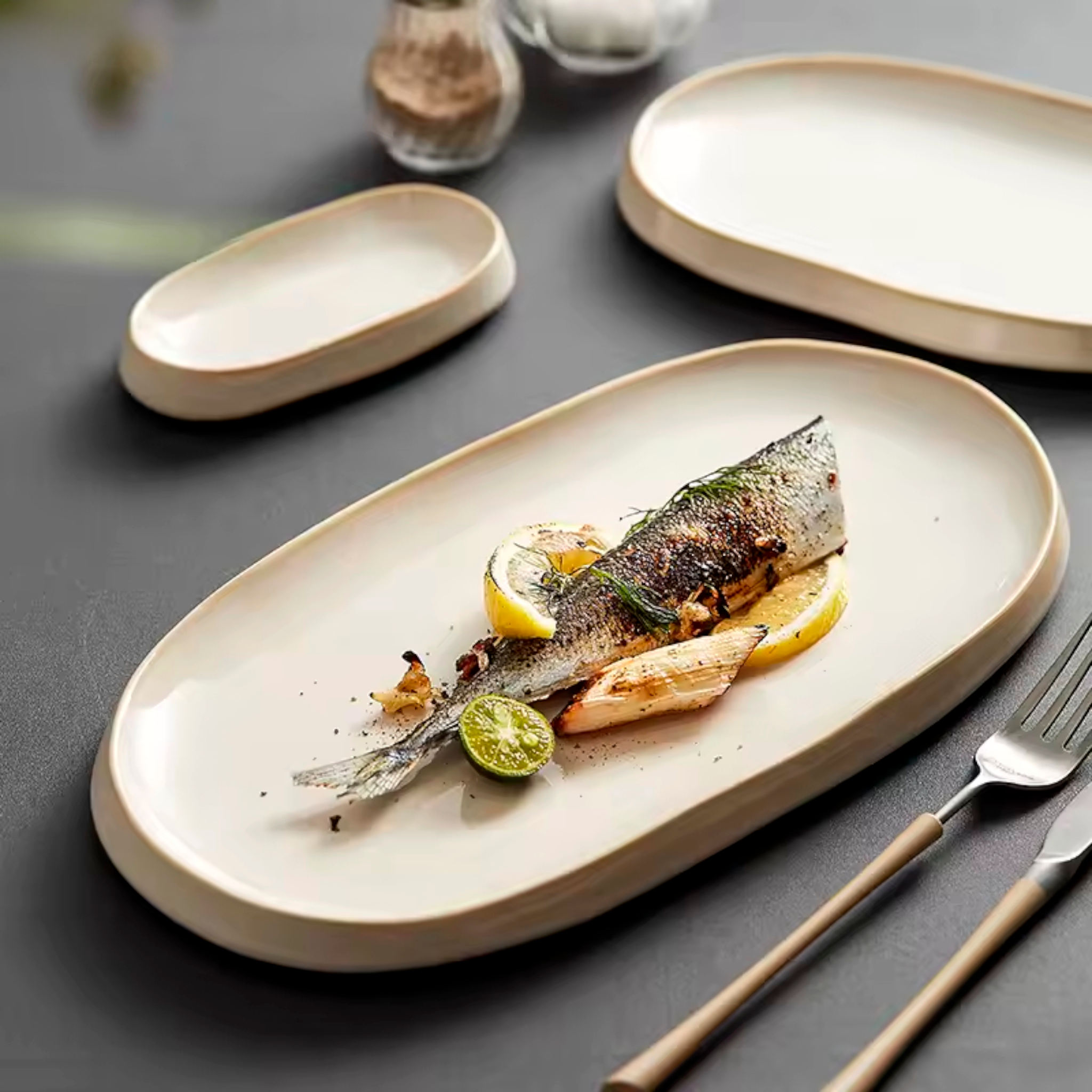 Artisan Frost: Premium Oval Ceramic Platter Set | Organic Tapered Edge Cream Stoneware