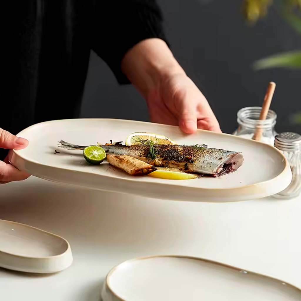 Artisan Frost: Premium Oval Ceramic Platter Set | Organic Tapered Edge Cream Stoneware
