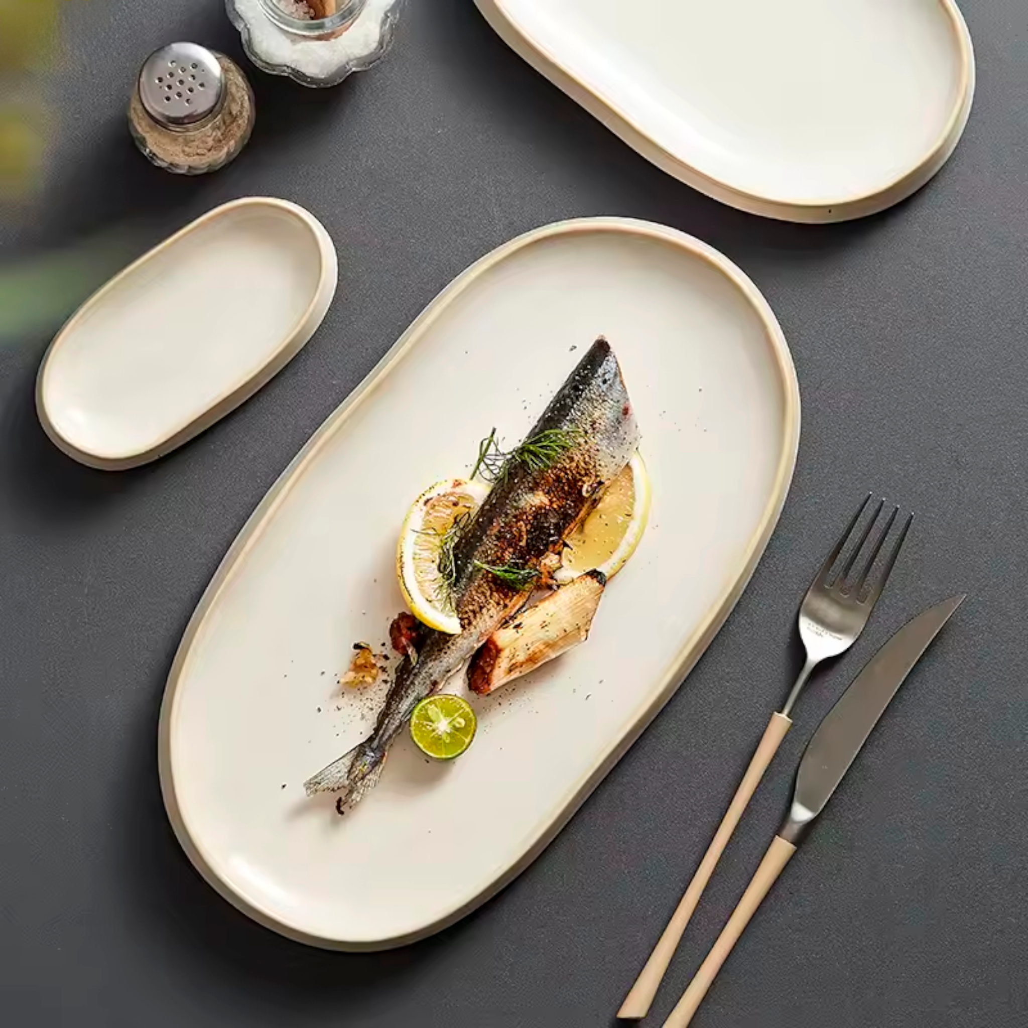 Artisan Frost: Premium Oval Ceramic Platter Set | Organic Tapered Edge Cream Stoneware