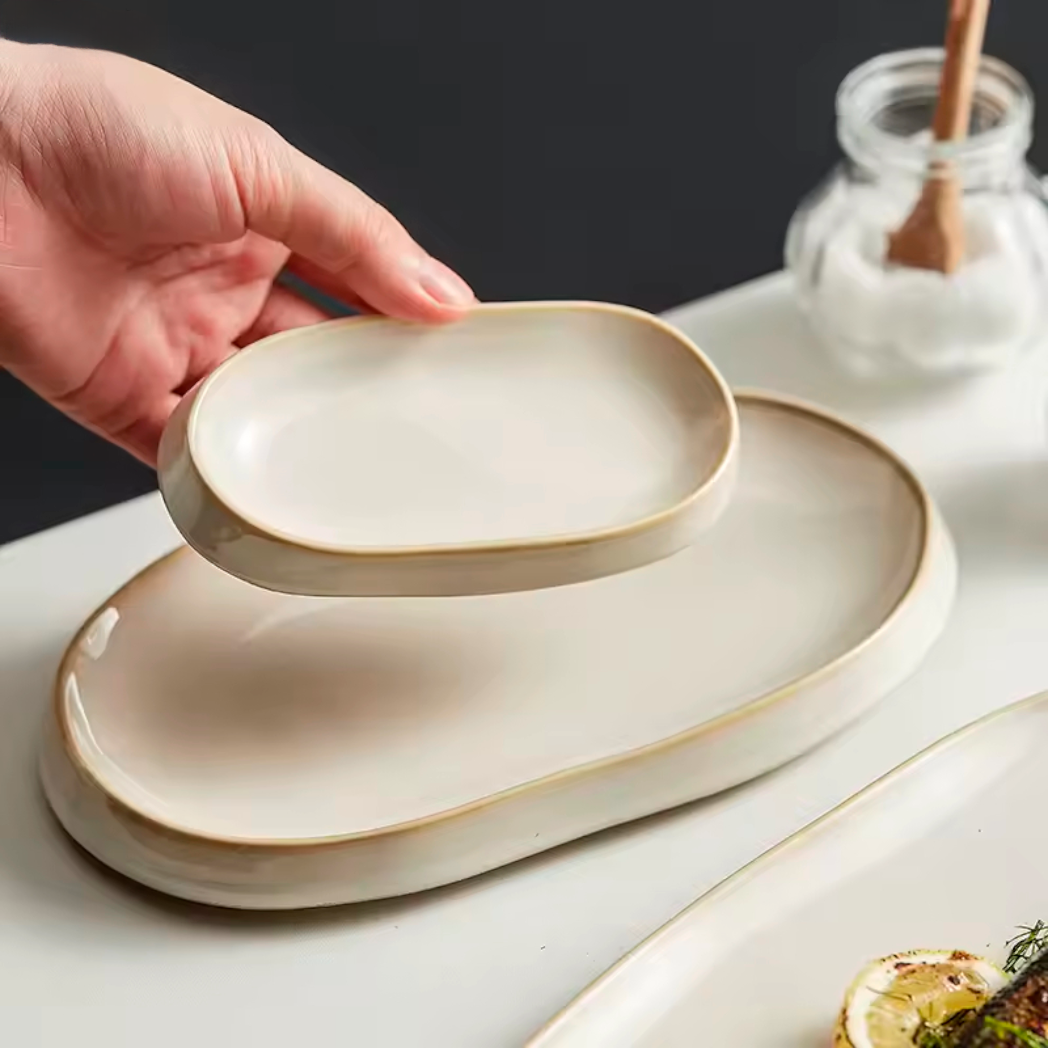 Artisan Frost: Premium Oval Ceramic Platter Set | Organic Tapered Edge Cream Stoneware