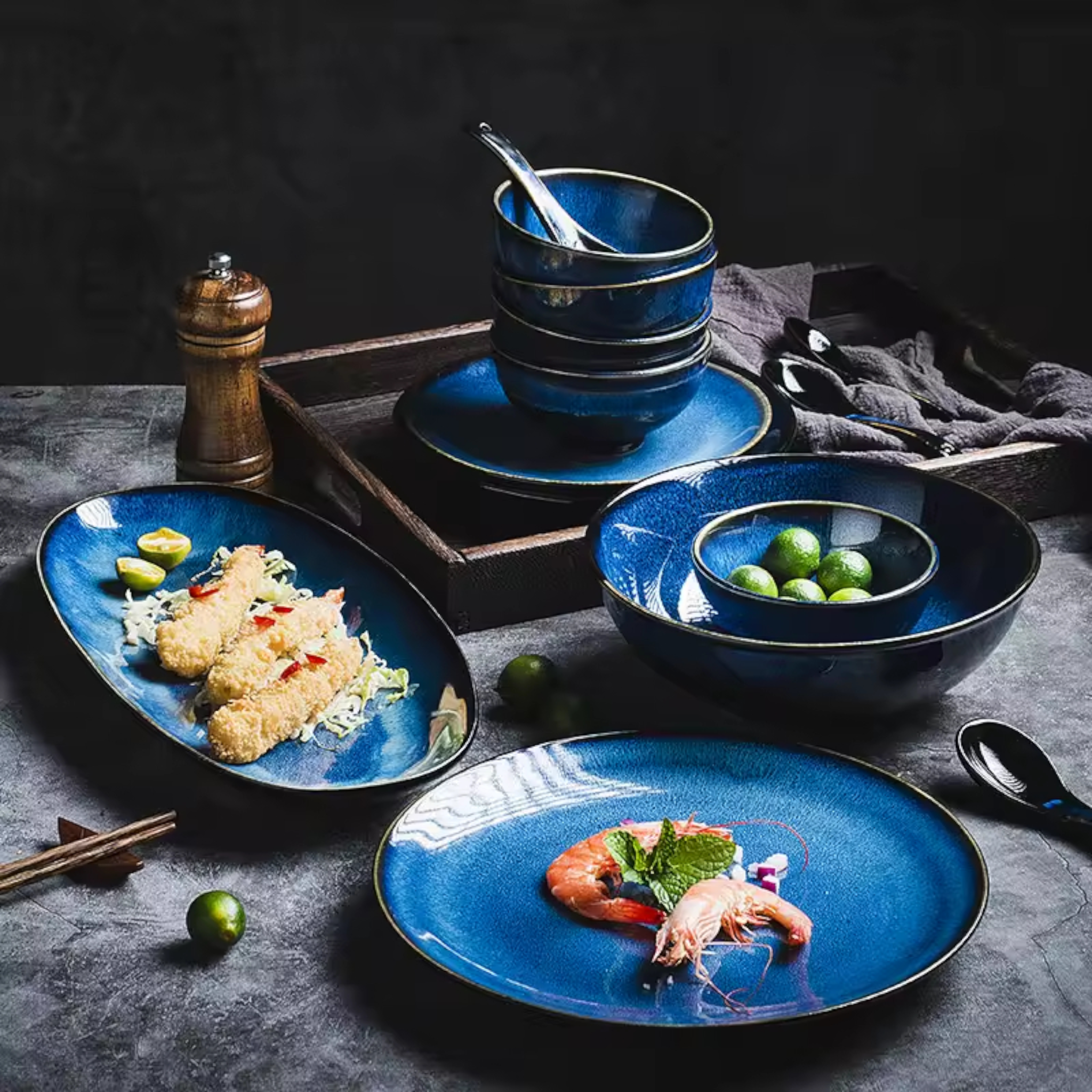 Artisan Deep Sea: Premium Reactive Glaze Dinnerware Set | Hand-Finished Gradient Blue Stoneware Collection