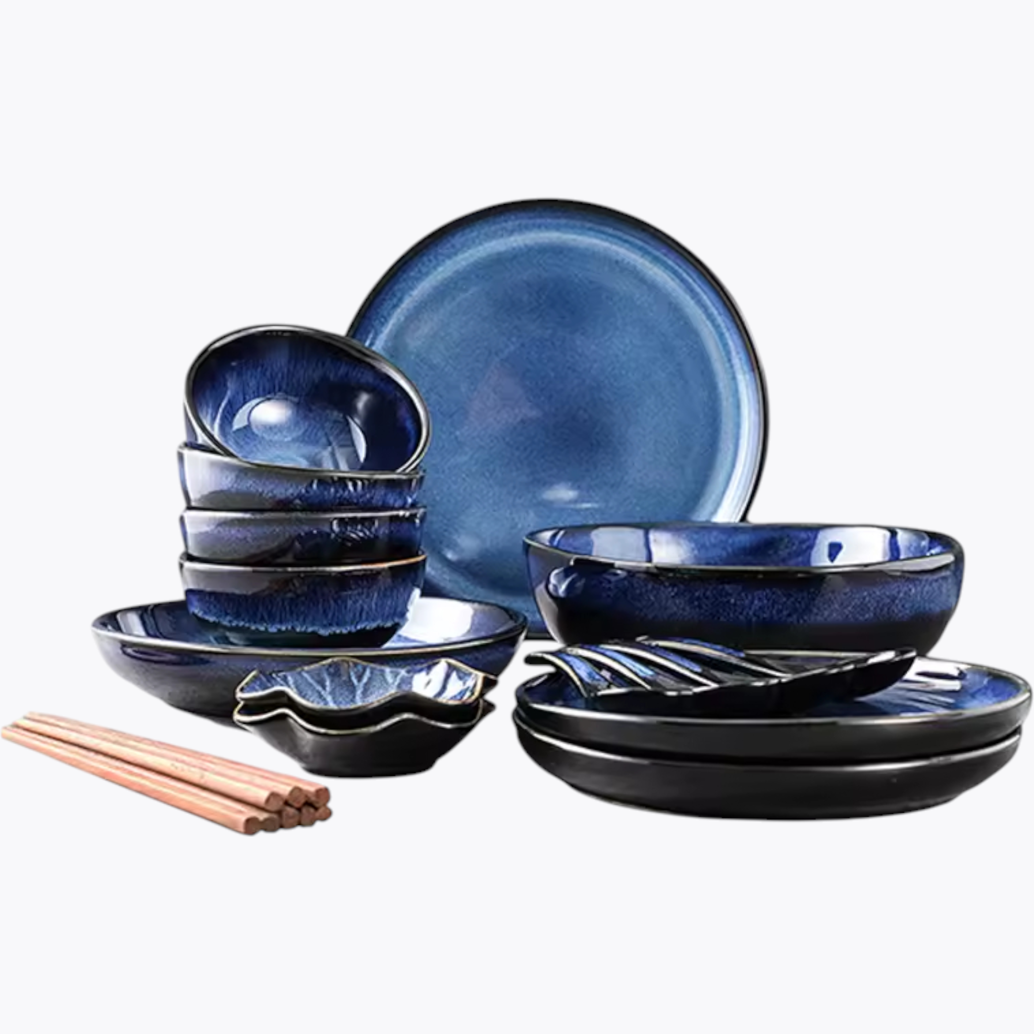 Artisan Deep Sea: Premium Reactive Glaze Dinnerware Set | Hand-Finished Gradient Blue Stoneware Collection