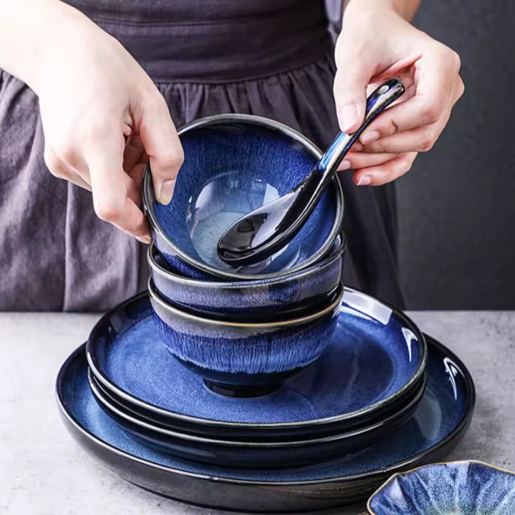 Artisan Deep Sea: Premium Reactive Glaze Dinnerware Set | Hand-Finished Gradient Blue Stoneware Collection