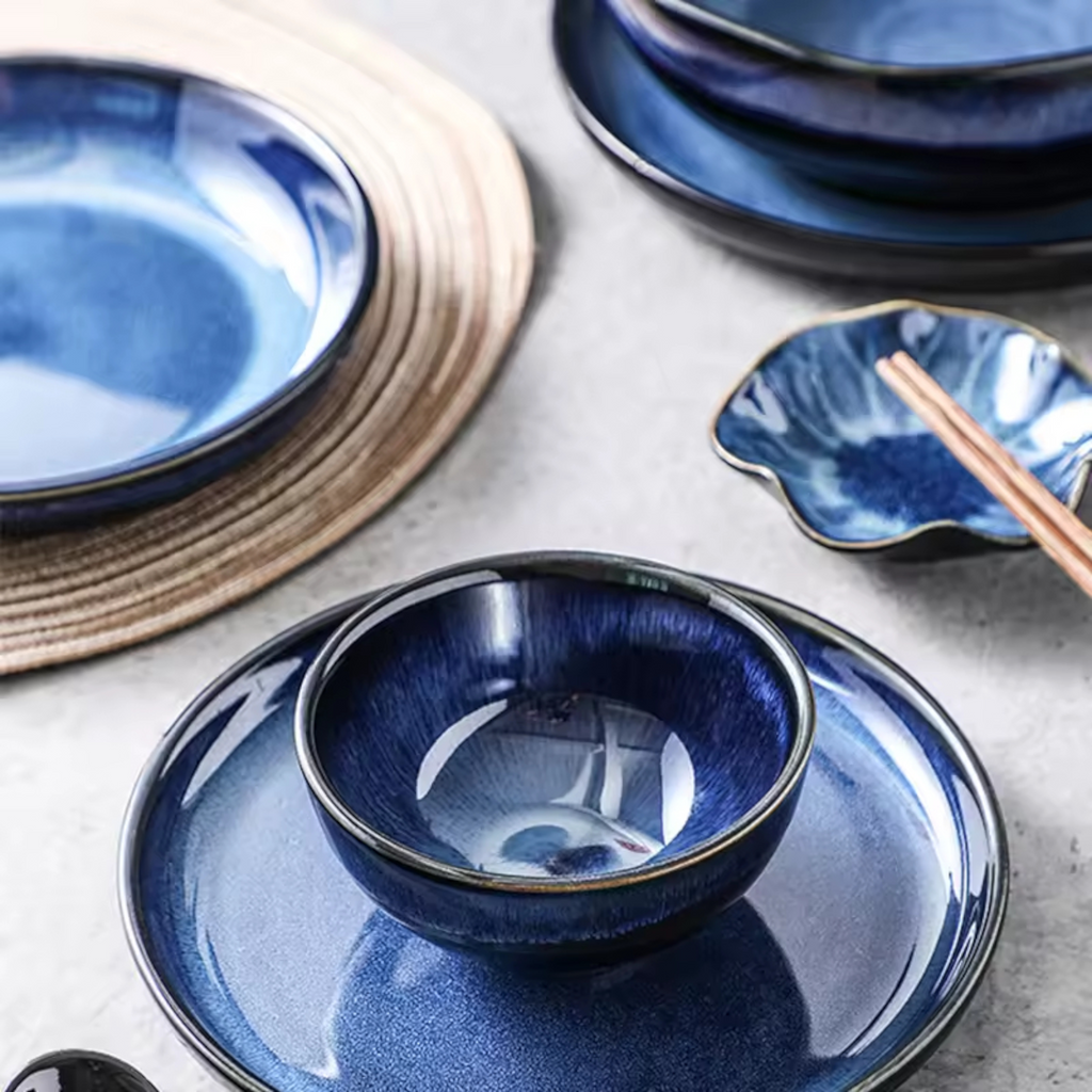Artisan Deep Sea: Premium Reactive Glaze Dinnerware Set | Hand-Finished Gradient Blue Stoneware Collection