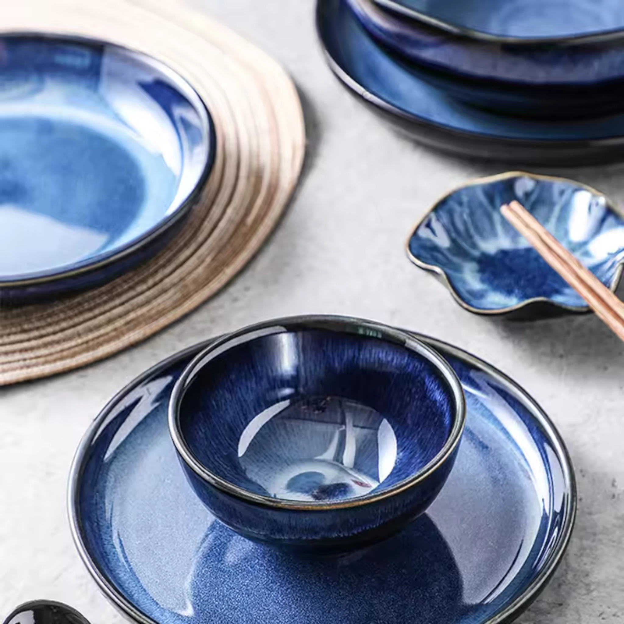 Artisan Deep Sea: Premium Reactive Glaze Dinnerware Set | Hand-Finished Gradient Blue Stoneware Collection