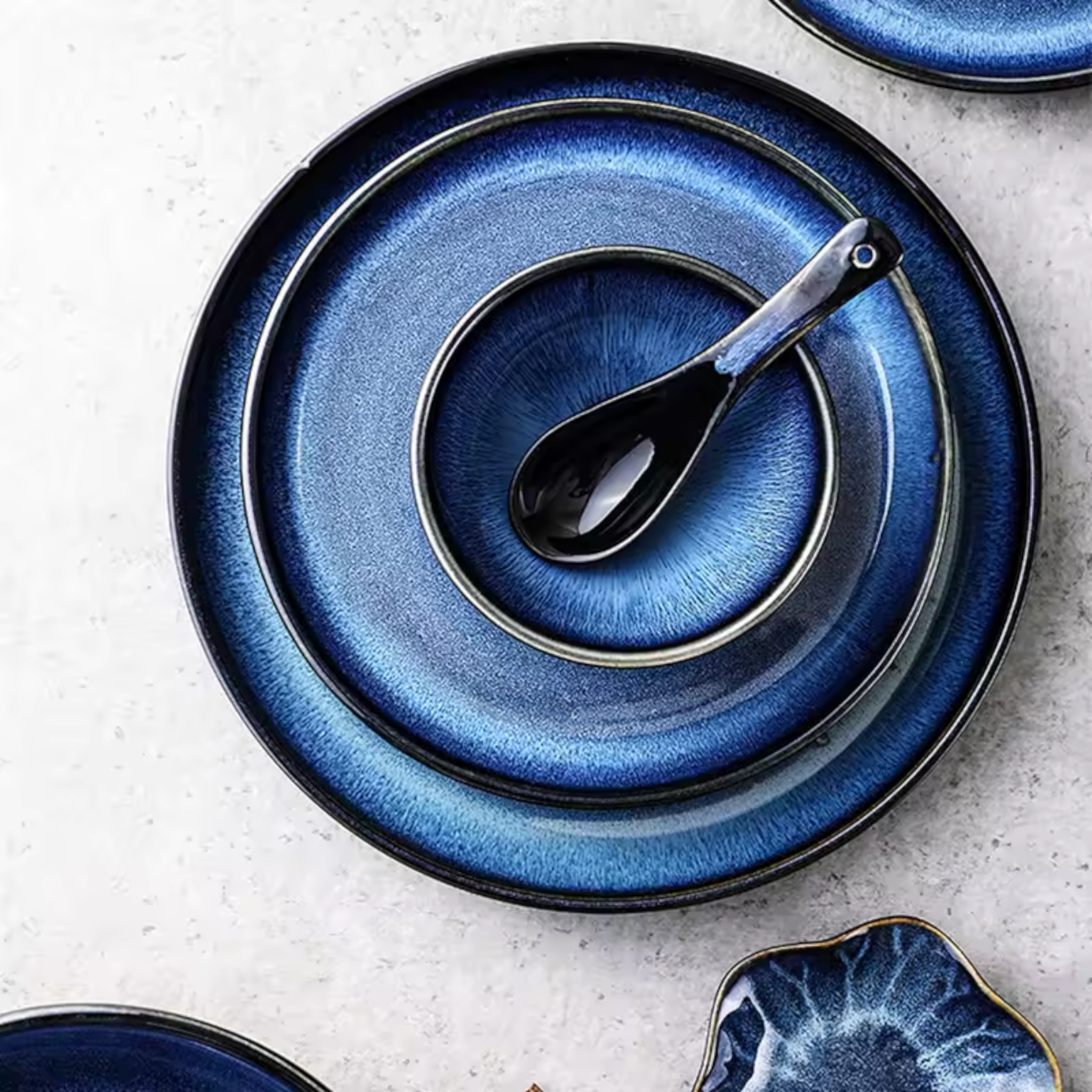 Artisan Deep Sea: Premium Reactive Glaze Dinnerware Set | Hand-Finished Gradient Blue Stoneware Collection
