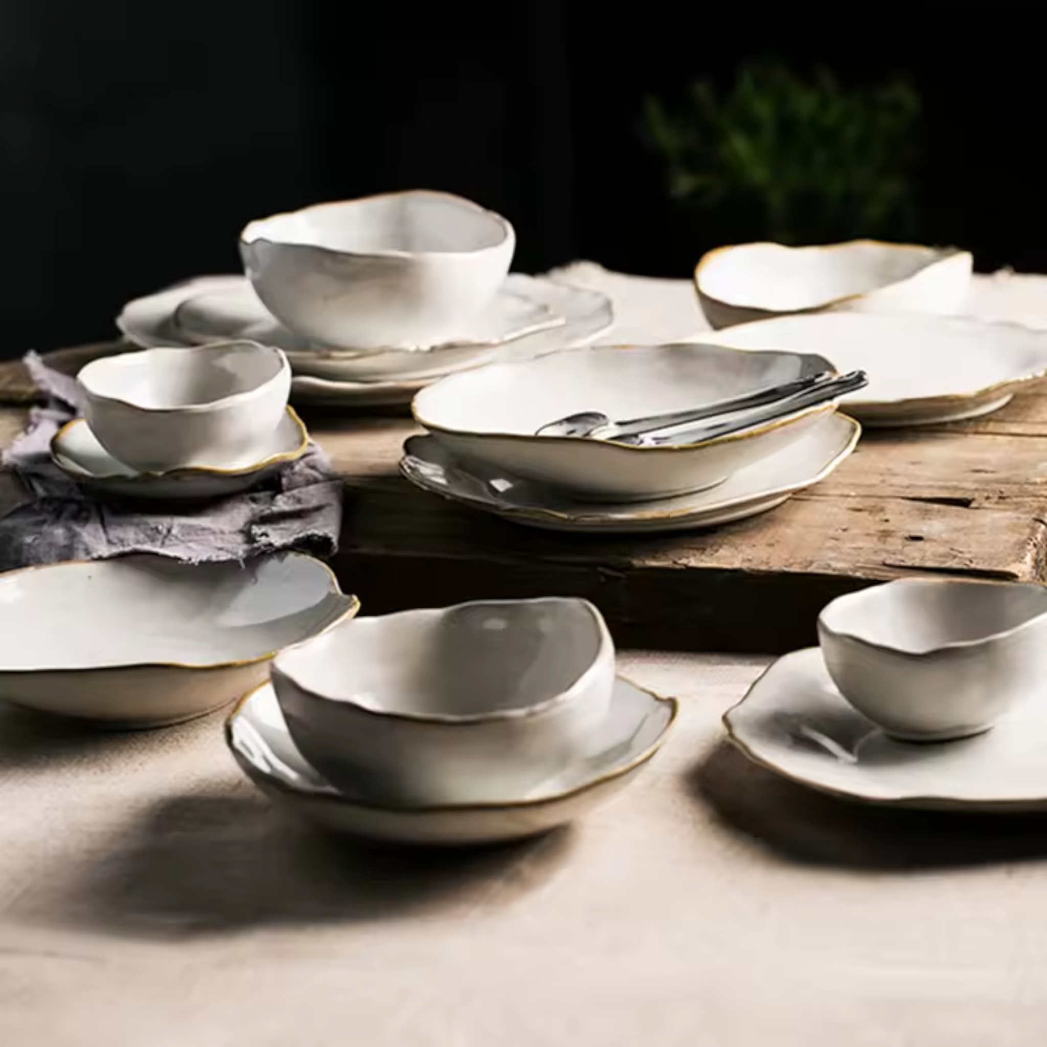 Artisan Wabi-Sabi: Premium 2-Person Dinnerware Set | Hand-Sculpted Organic Porcelain with Gold-Earth Rim