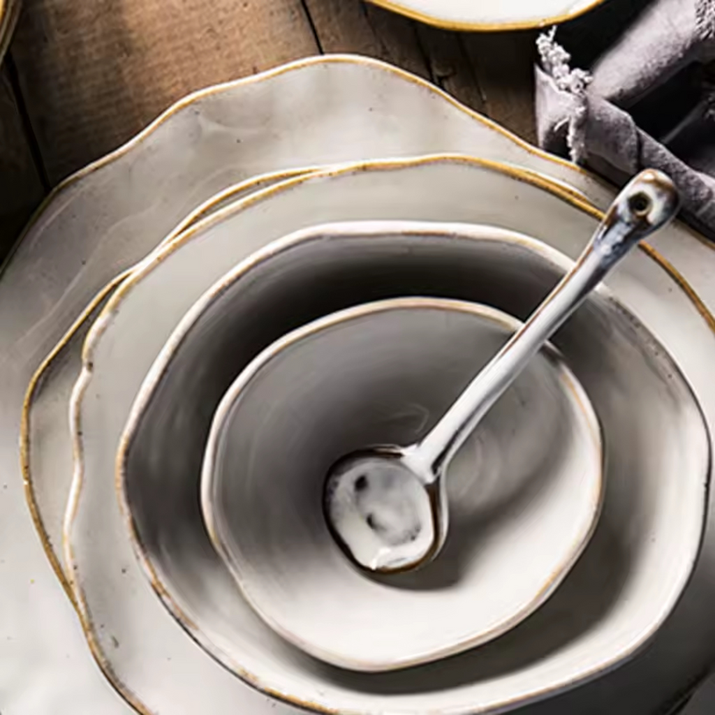 Artisan Wabi-Sabi: Premium 2-Person Dinnerware Set | Hand-Sculpted Organic Porcelain with Gold-Earth Rim
