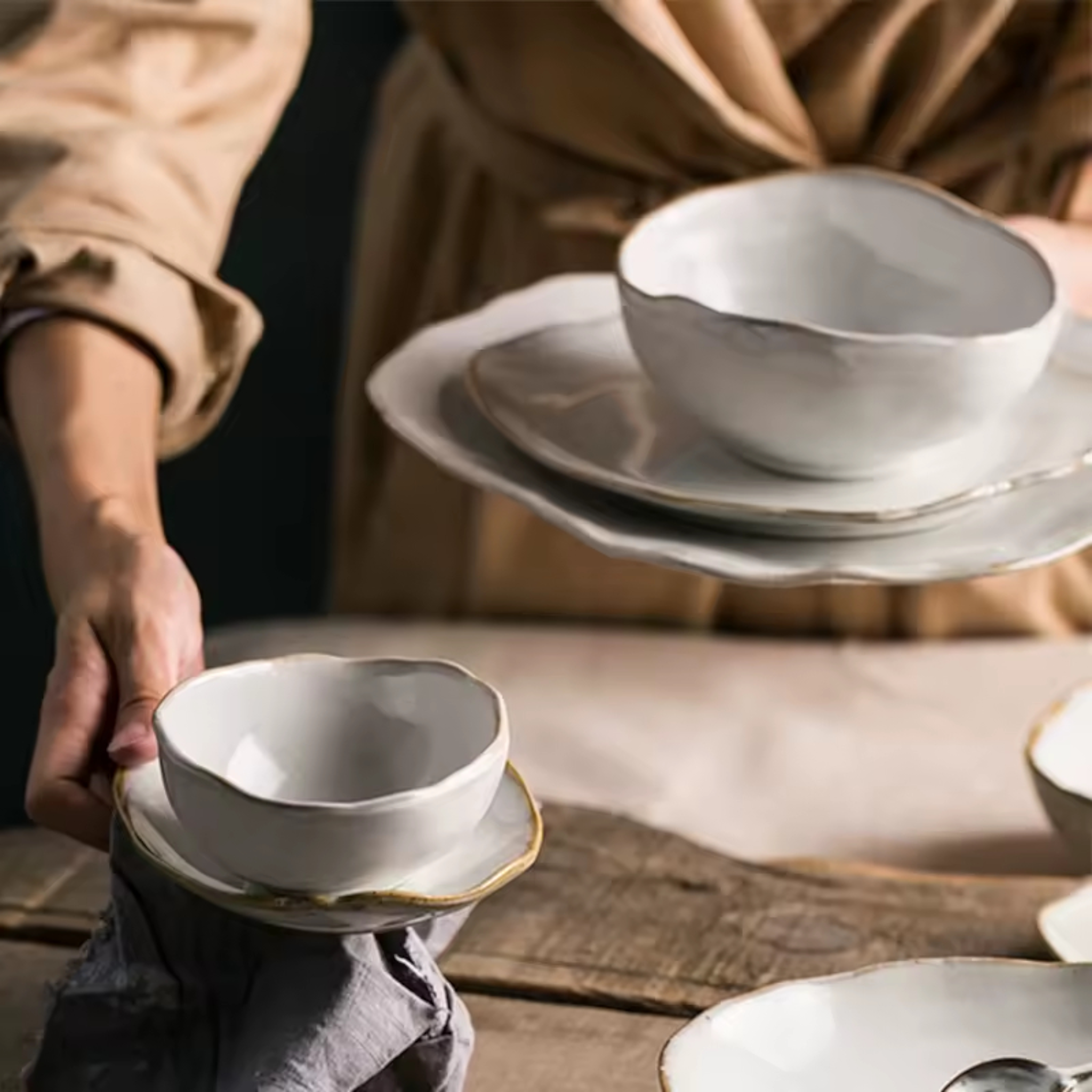 Artisan Wabi-Sabi: Premium 2-Person Dinnerware Set | Hand-Sculpted Organic Porcelain with Gold-Earth Rim