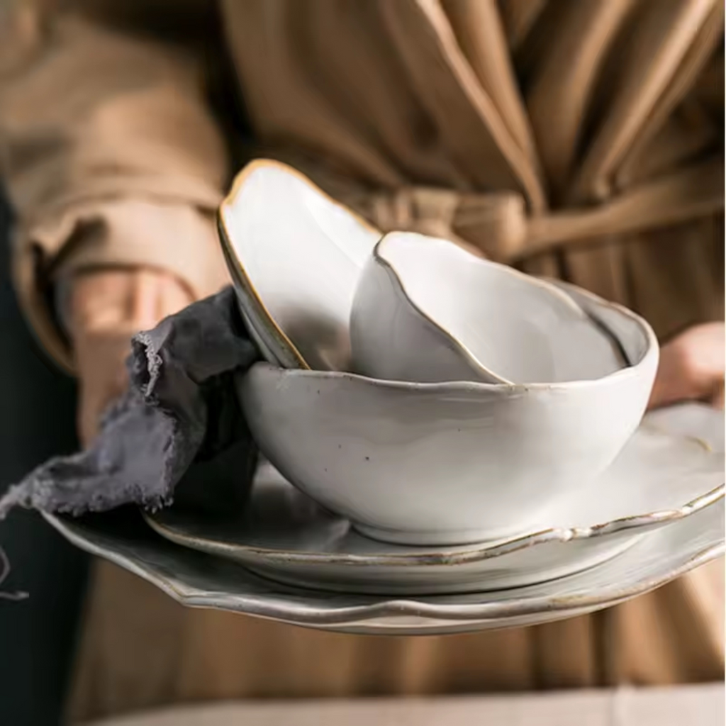 Artisan Wabi-Sabi: Premium 2-Person Dinnerware Set | Hand-Sculpted Organic Porcelain with Gold-Earth Rim
