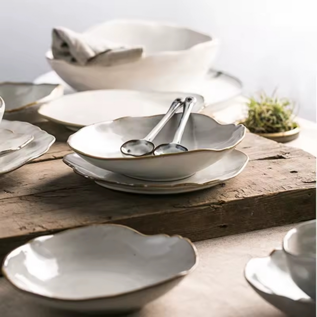 Artisan Wabi-Sabi: Premium 2-Person Dinnerware Set | Hand-Sculpted Organic Porcelain with Gold-Earth Rim